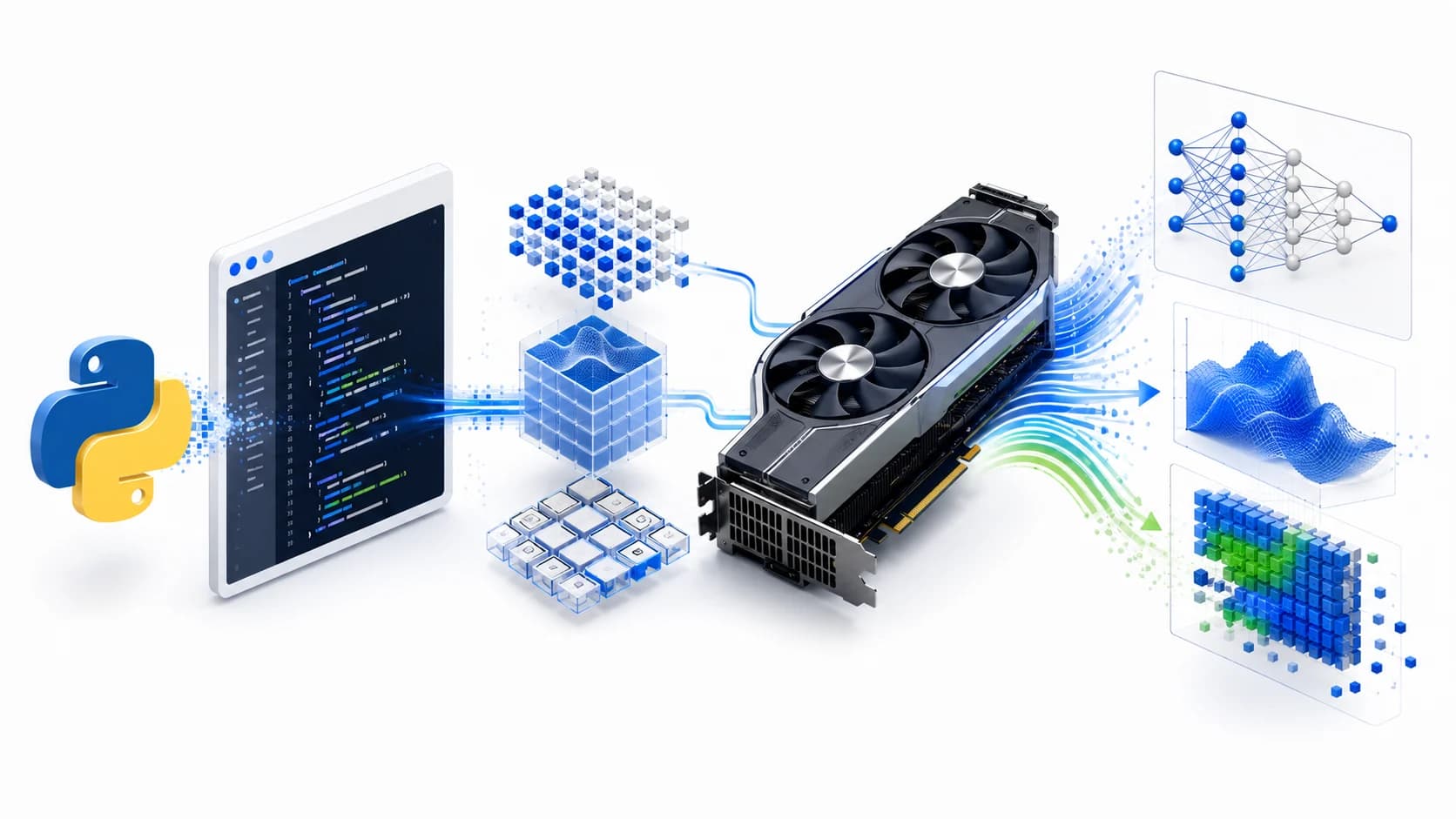 A Python logo and dark code editor streaming data through voxel arrays into a dual-fan GPU, which outputs a neural network, a computed surface plot and processed data blocks.