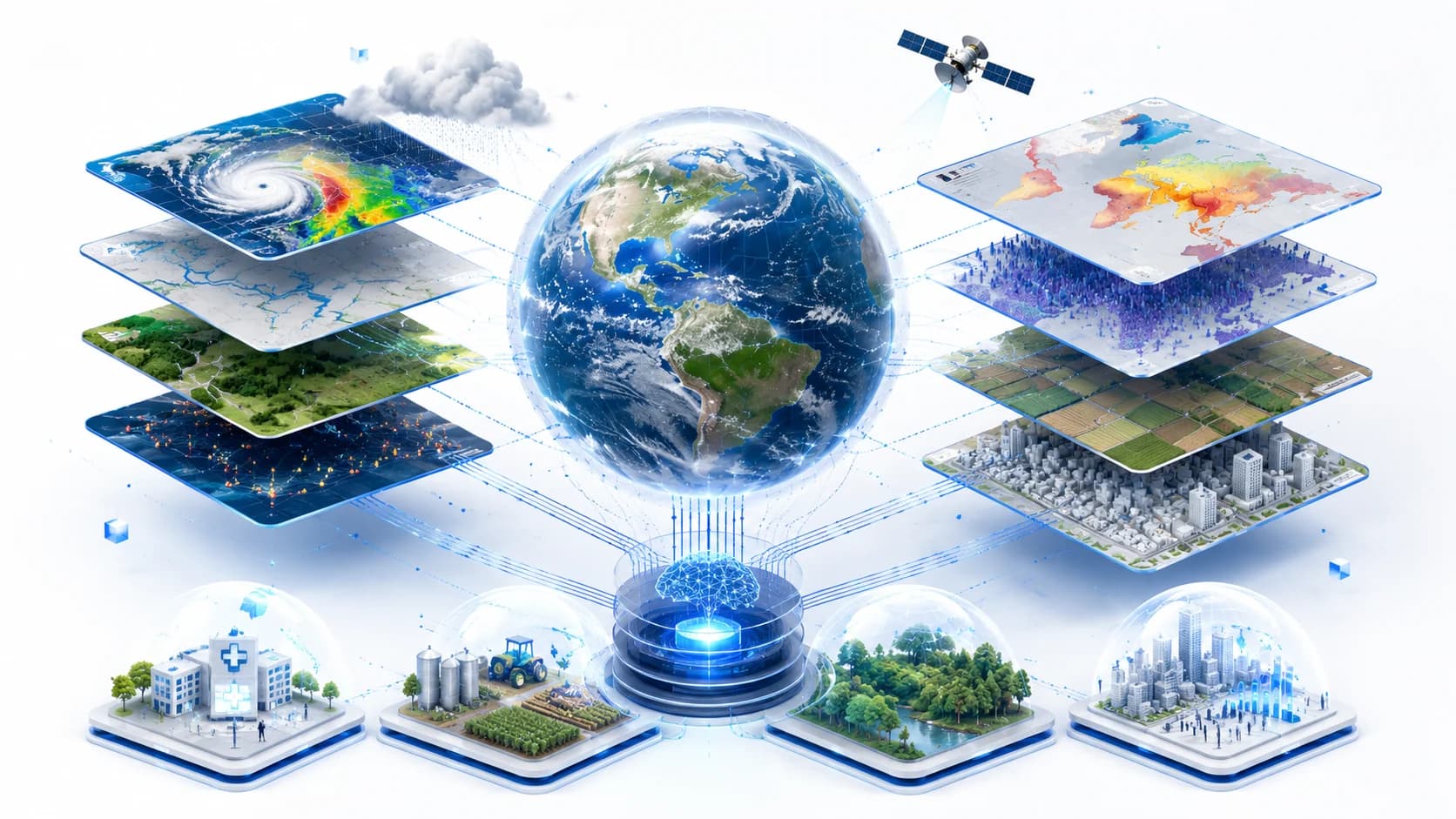 Earth surrounded by stacked geospatial data layers — storm, terrain, population, cropland and city maps — feeding a central engine that projects platforms for health care, agriculture, forests and cities.