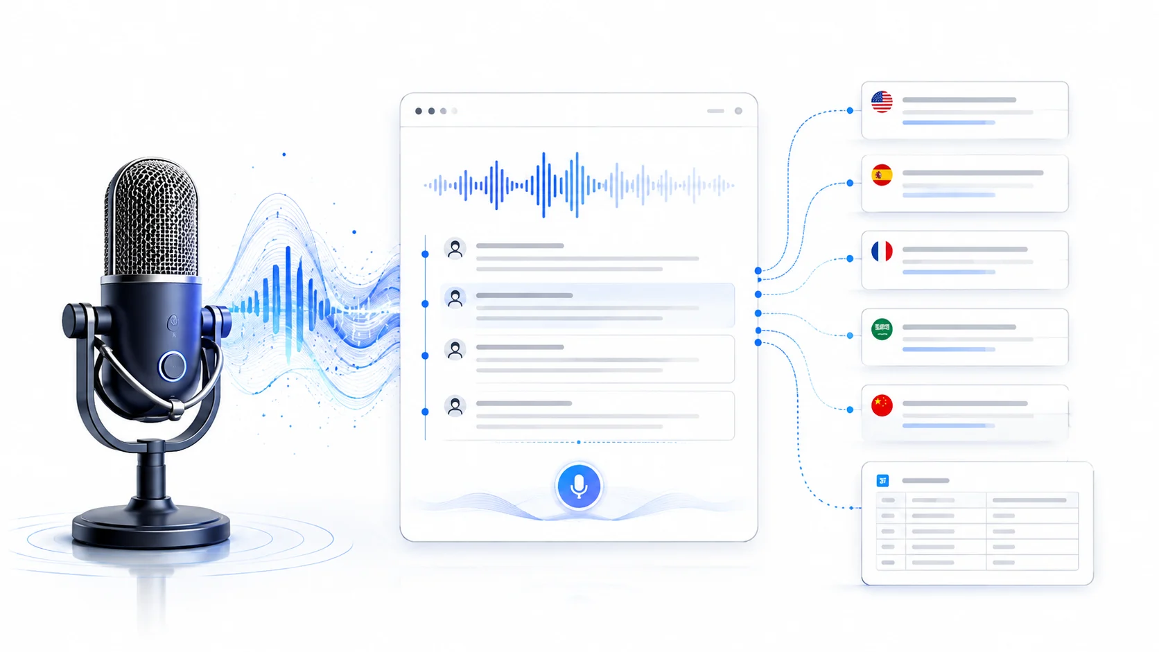 A studio microphone sending a sound wave into a transcription interface with speaker-by-speaker text rows, fanning out to language cards marked with national flags and a structured table.