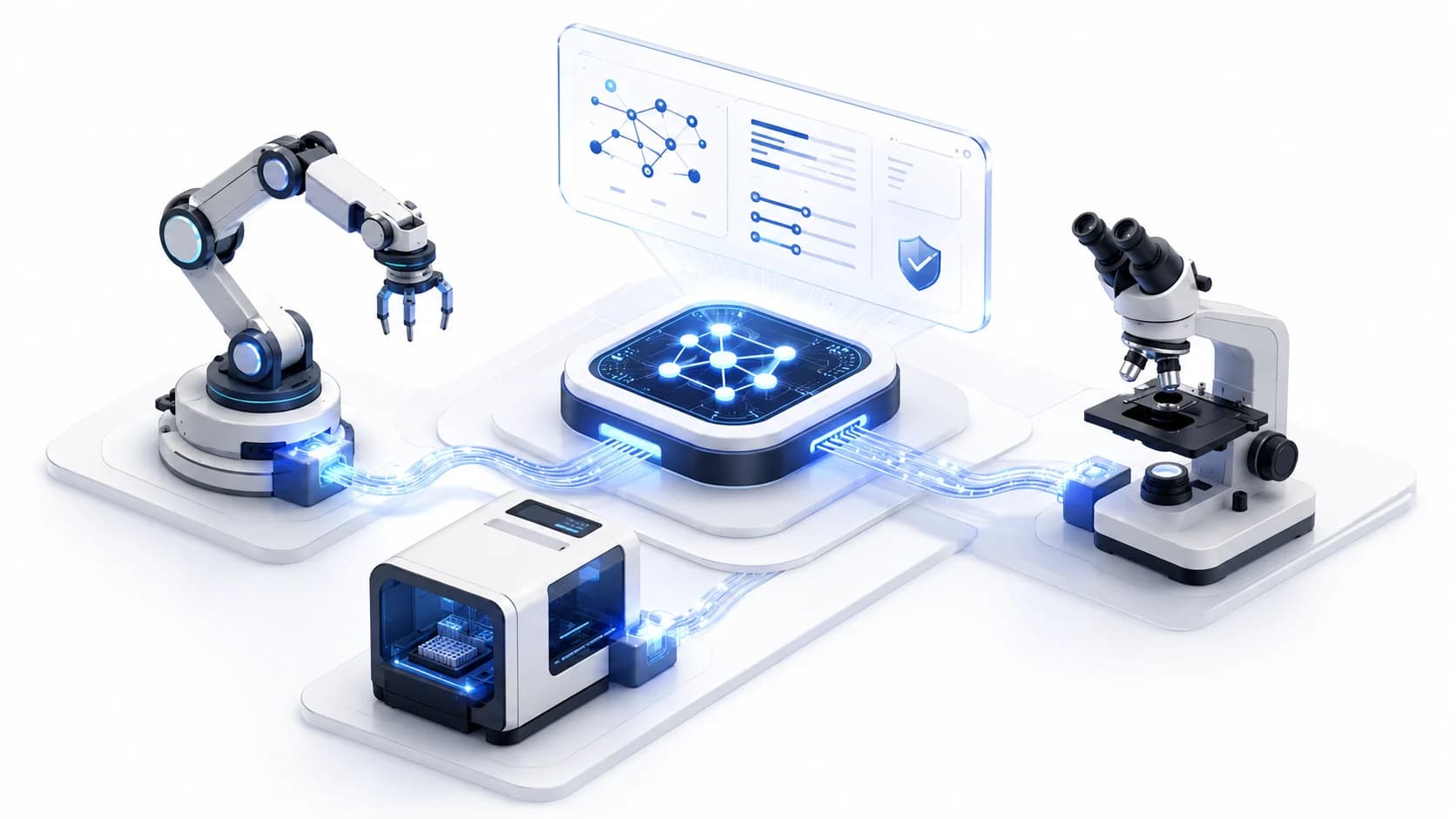 A robotic arm, a lab analyzer and a microscope wired into a central glowing AI interface hub, beneath a translucent panel showing a network diagram, a checklist and a safety shield.