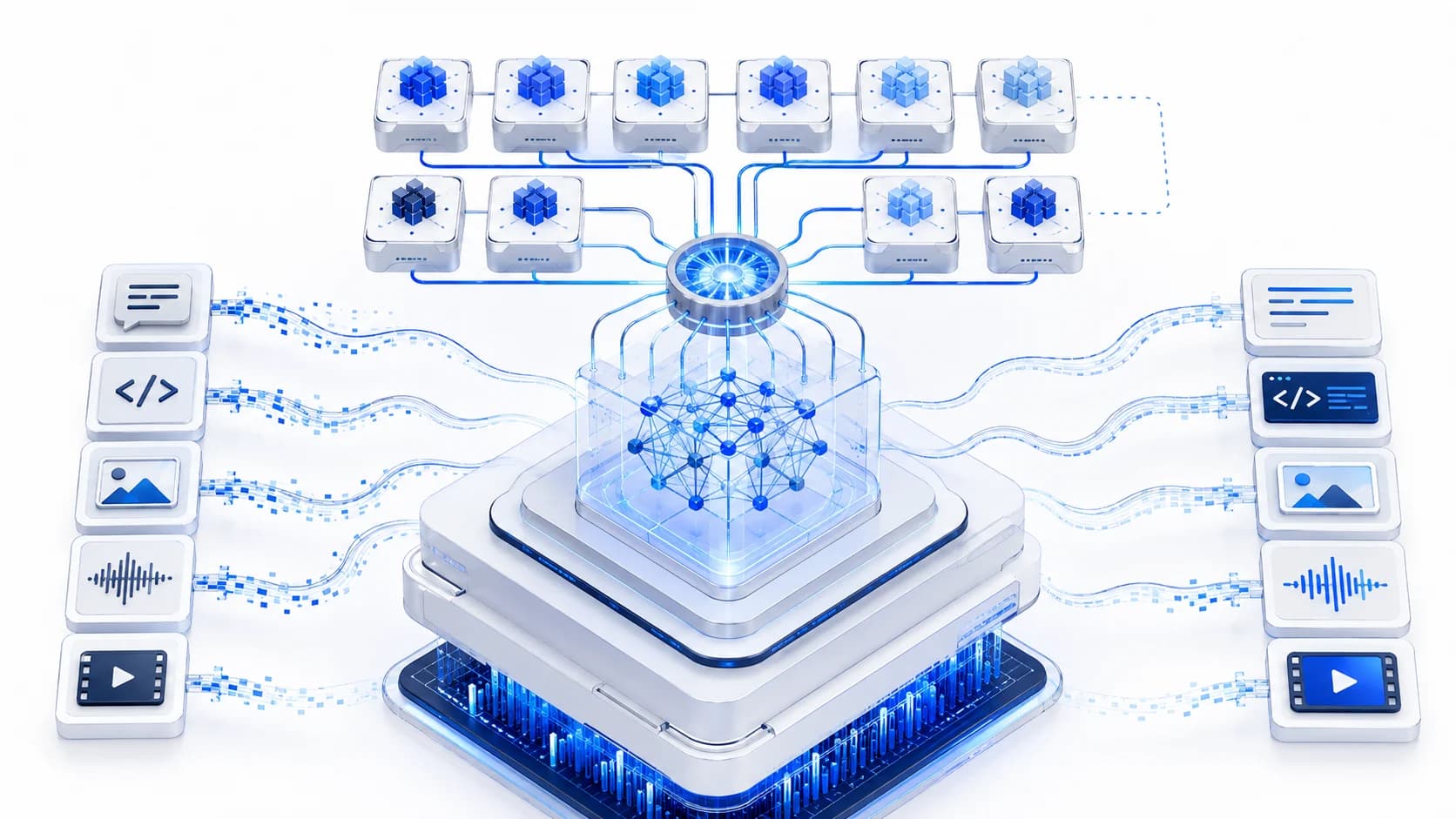 A translucent cube holding a glowing network, mounted on a layered platform and fed through a router by a bank of expert modules, with chat, code, image, audio and video tiles streaming in from both sides.