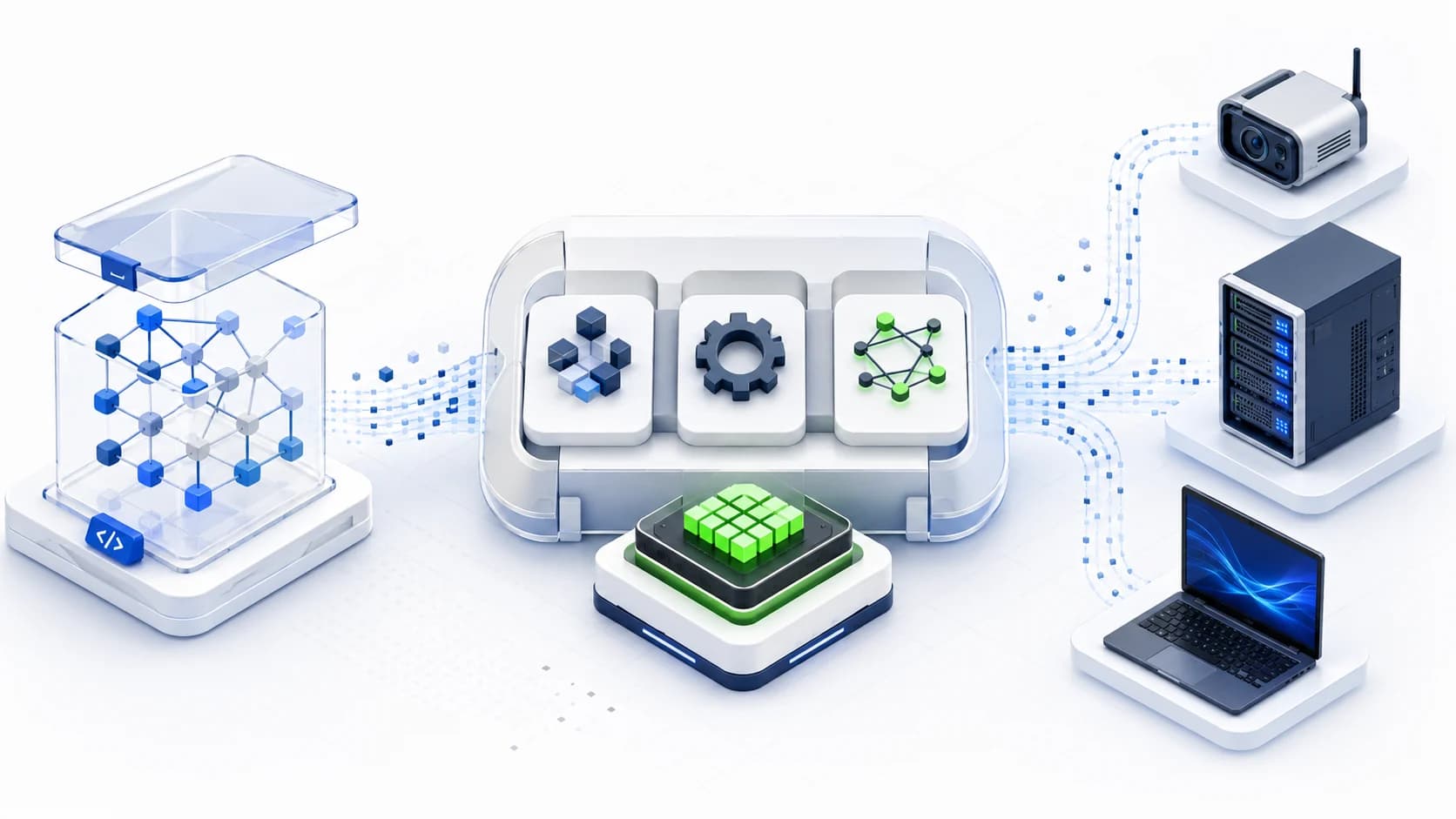 A model checkpoint in a transparent case moving through optimization stages into a compact green inference engine, then out to a camera, a server rack and a laptop.