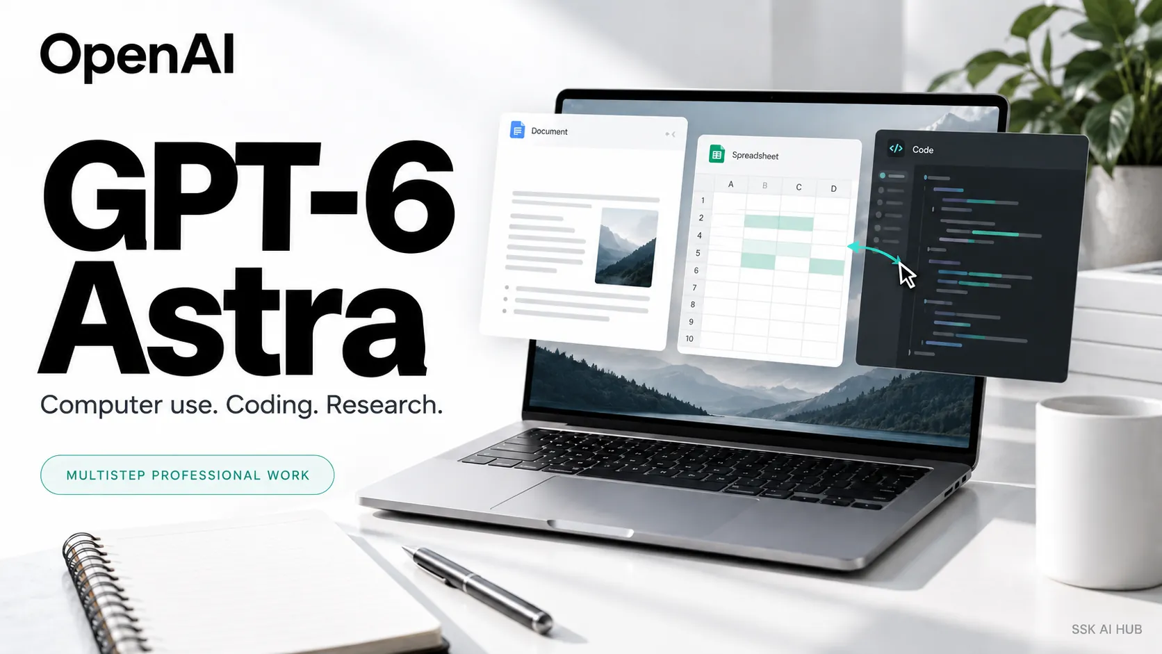 OpenAI GPT-6 Astra editorial artwork featuring computer use, coding, research and professional document workflows.