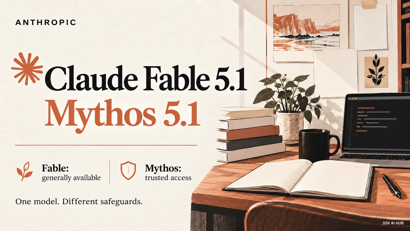 Anthropic Claude Fable 5.1 and Mythos 5.1 editorial artwork with warm paper styling, coding and research motifs, and clearly distinguished access labels.