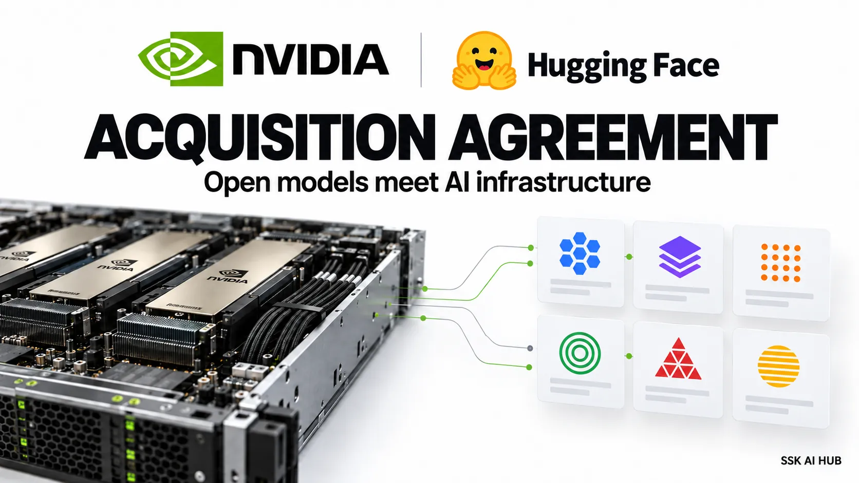 NVIDIA and Hugging Face editorial artwork highlighting the announced acquisition agreement and the open-model developer ecosystem.
