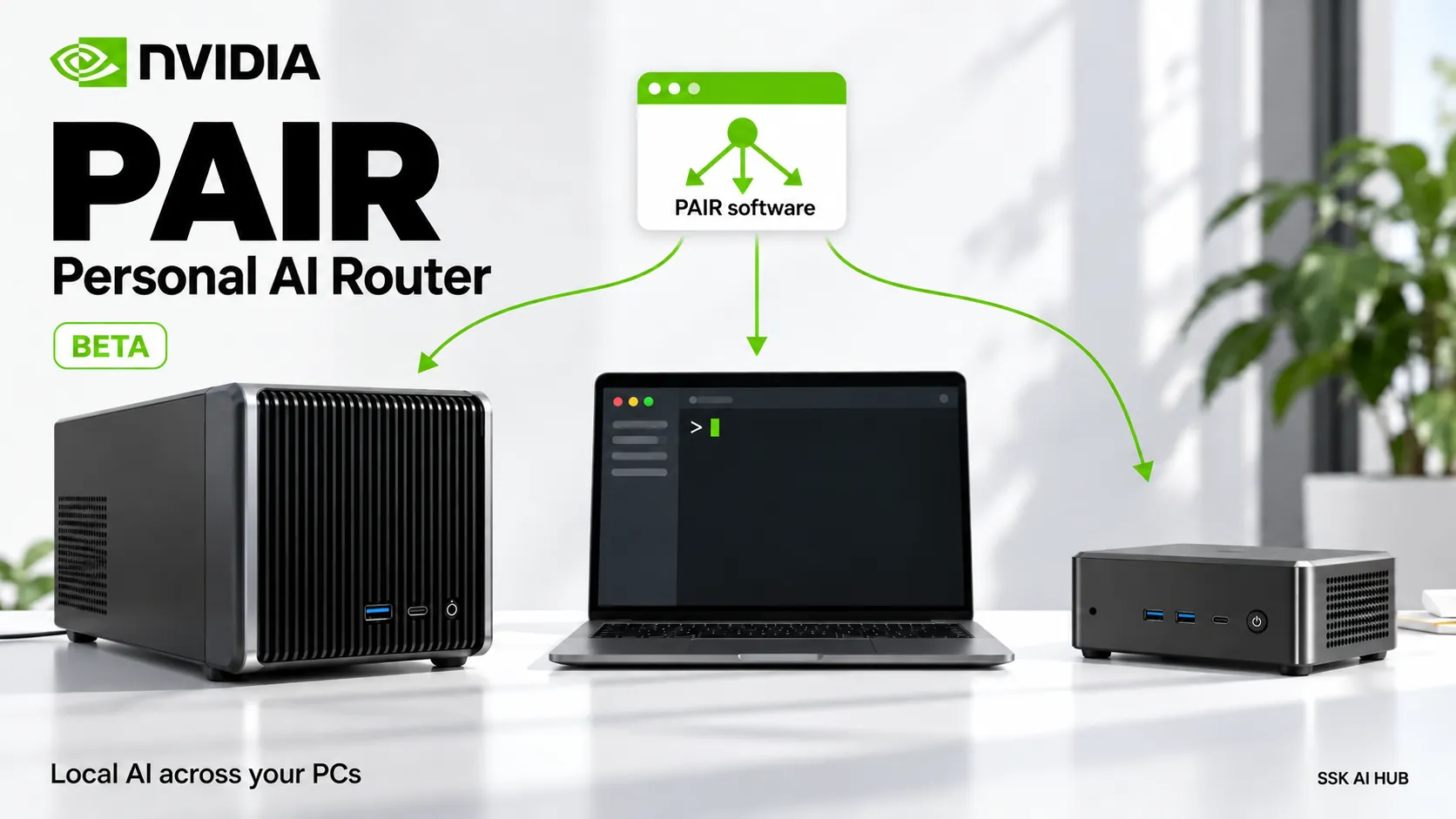 NVIDIA PAIR editorial artwork with clearly named Personal AI Router and separate requests distributed among local computers.