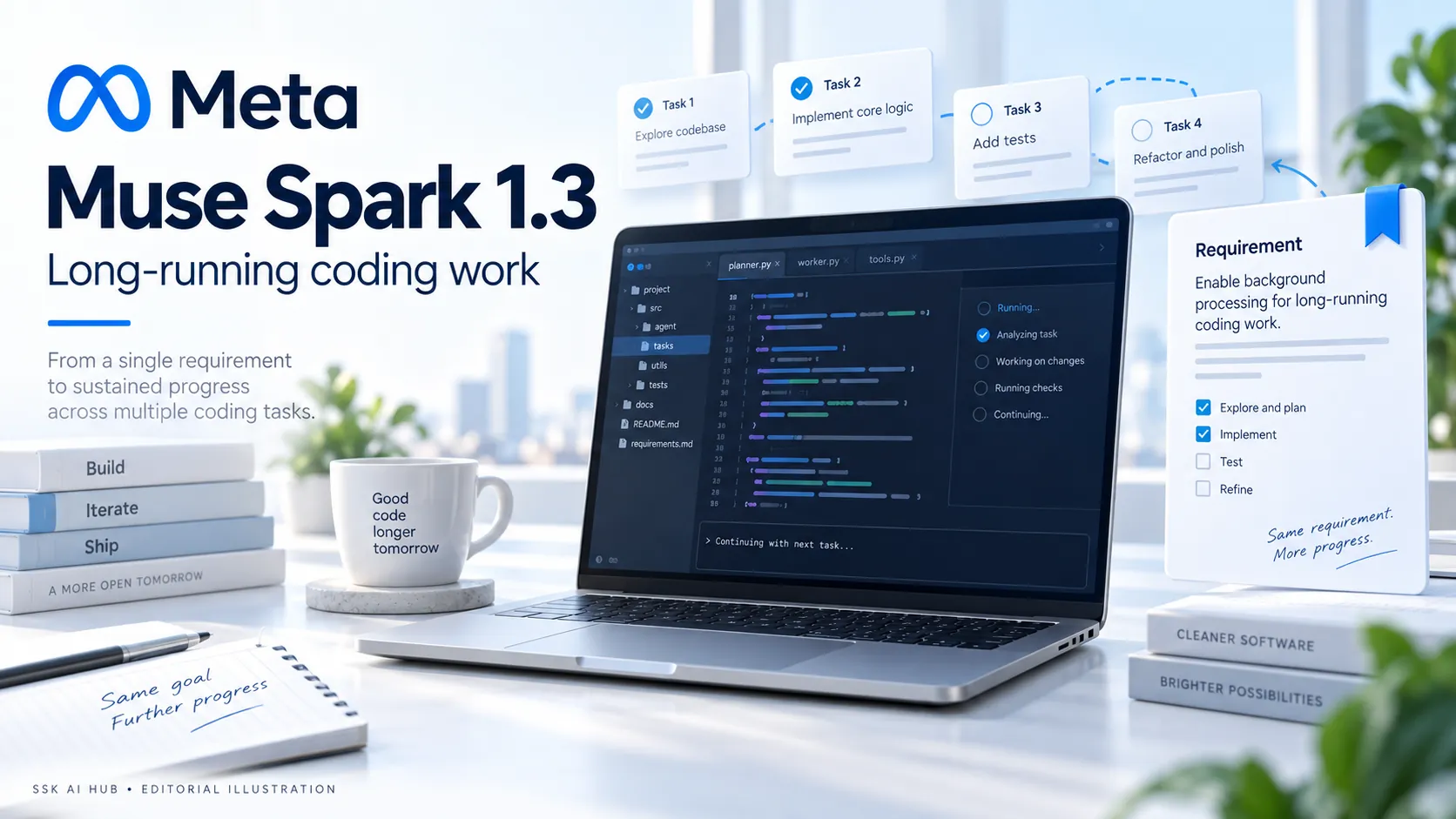 Meta Muse Spark 1.3 editorial illustration with a coding laptop, task cards and a pinned requirement.