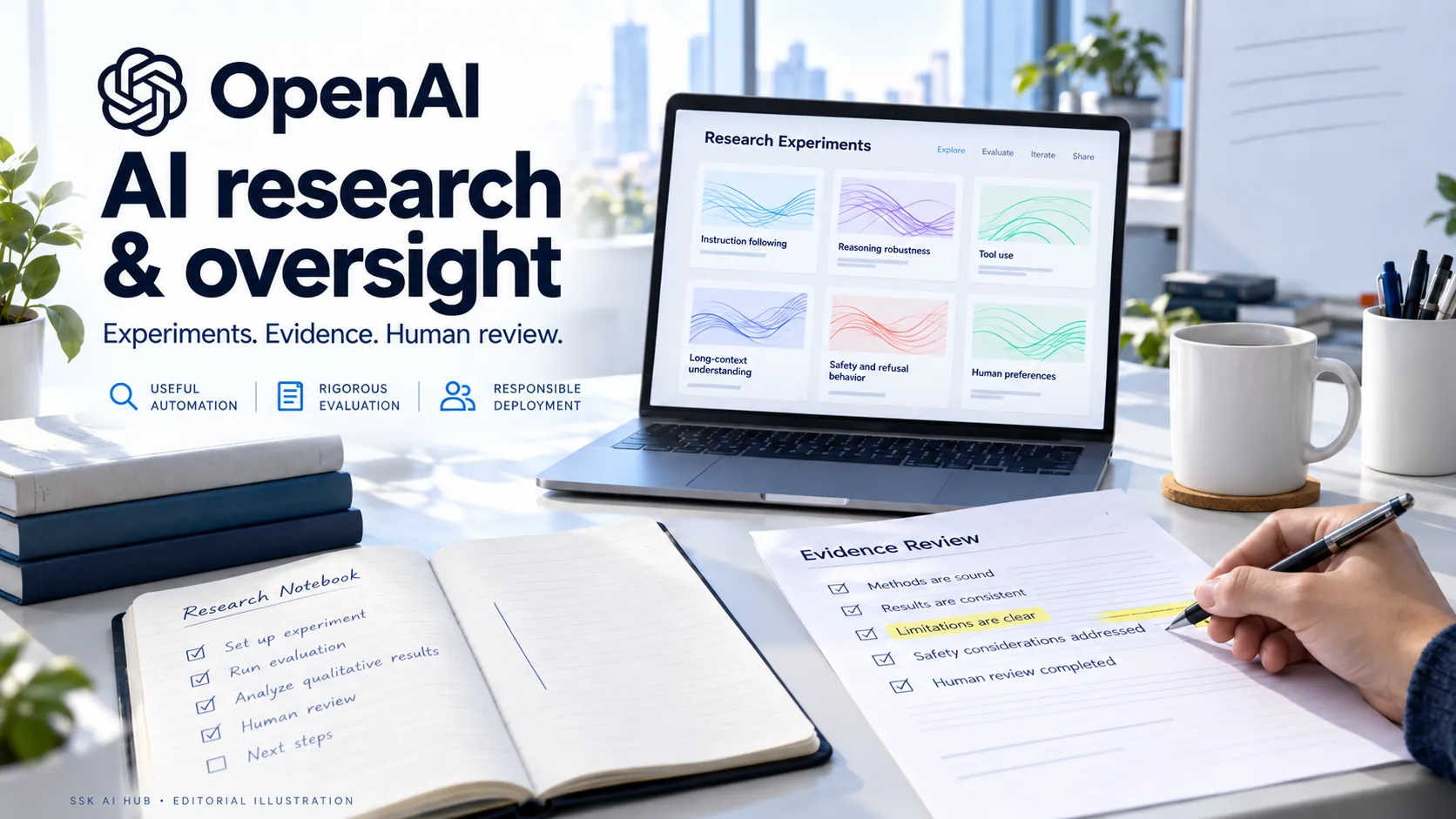 OpenAI editorial illustration showing research experiments, an evidence sheet and human review.