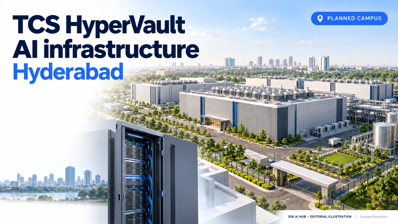 Concept illustration of the planned TCS HyperVault AI data-center campus in Hyderabad, clearly labeled planned campus.