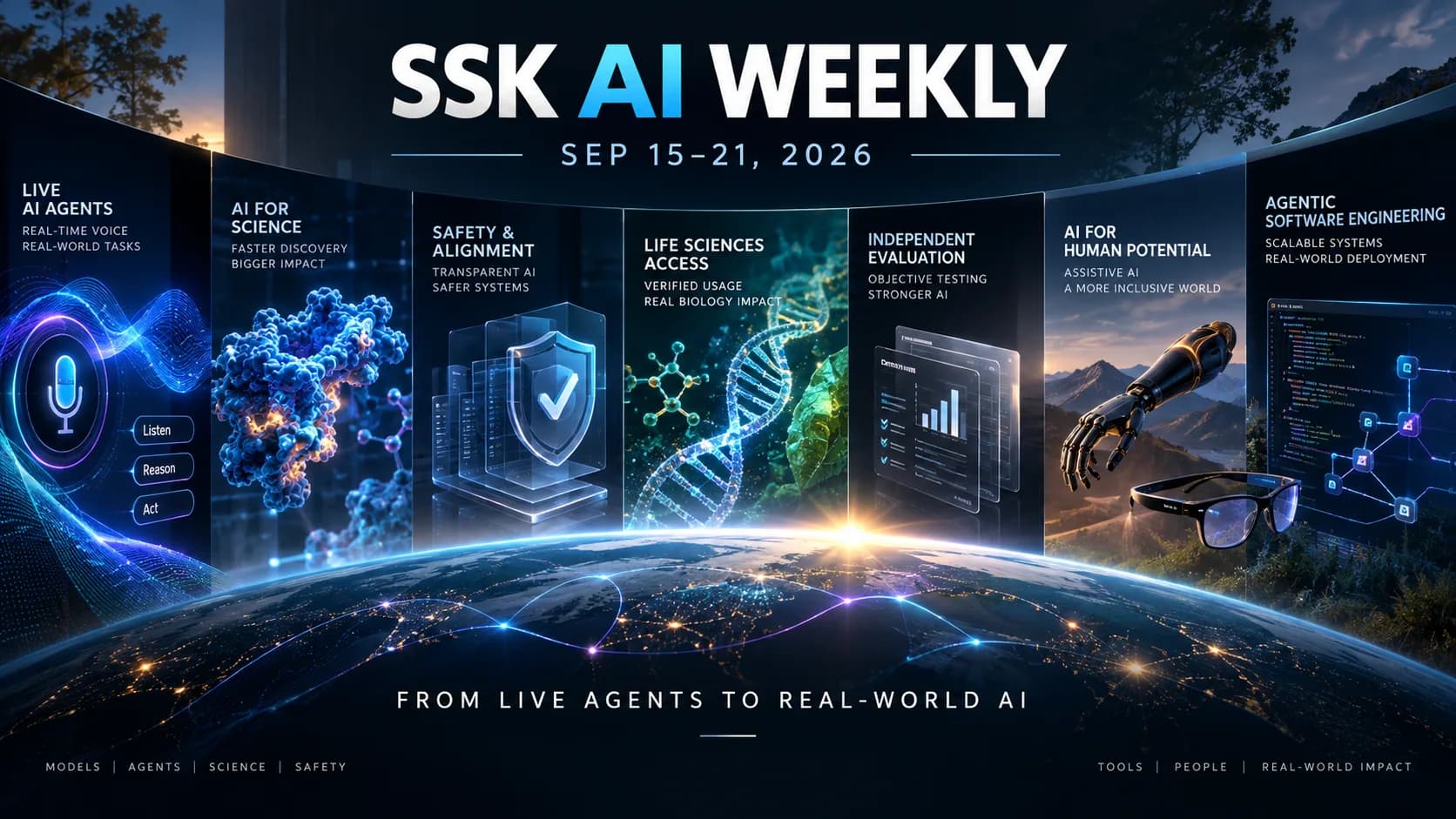 SSK AI Weekly September 15–21, 2026 cover illustrating live AI agents, scientific AI, safety and alignment, life-sciences access, independent evaluation, assistive AI, and agentic software engineering.