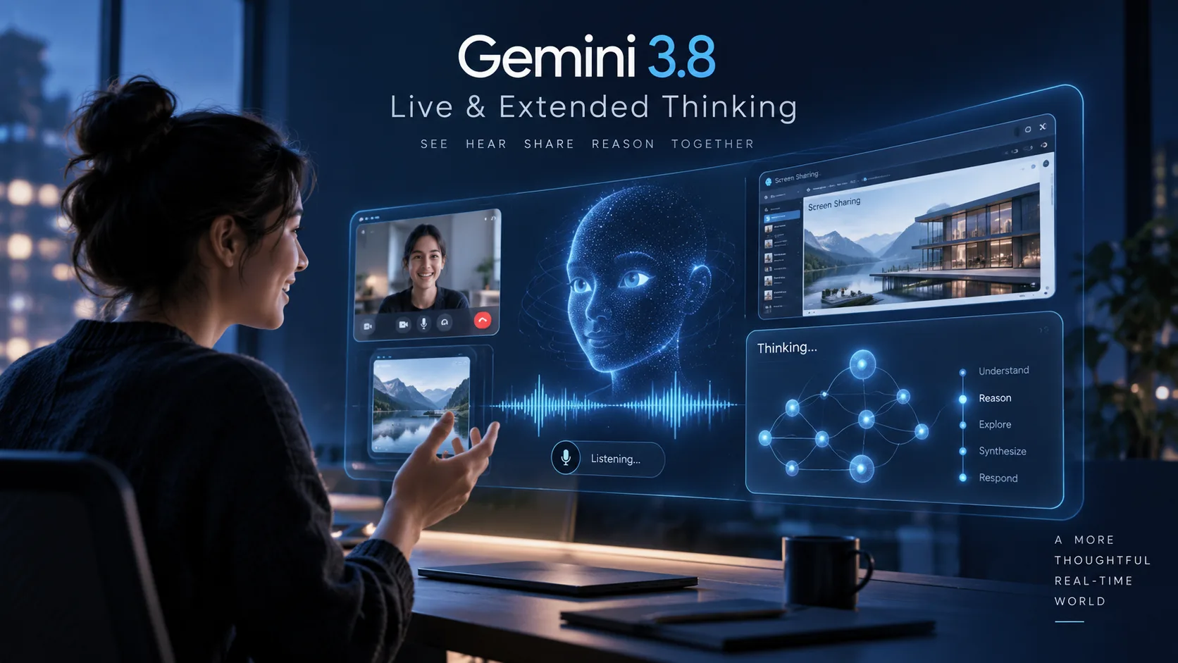 A person in a video call with a live AI agent that listens, shares a screen, and reasons step by step through 'Understand, Reason, Explore, Synthesize, Respond.'
