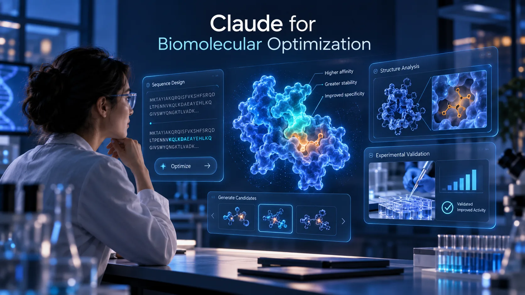 A researcher reviewing an AI-assisted sequence-design and structure-analysis interface for a biomolecule, with candidate molecules generated alongside an experimental-validation panel.