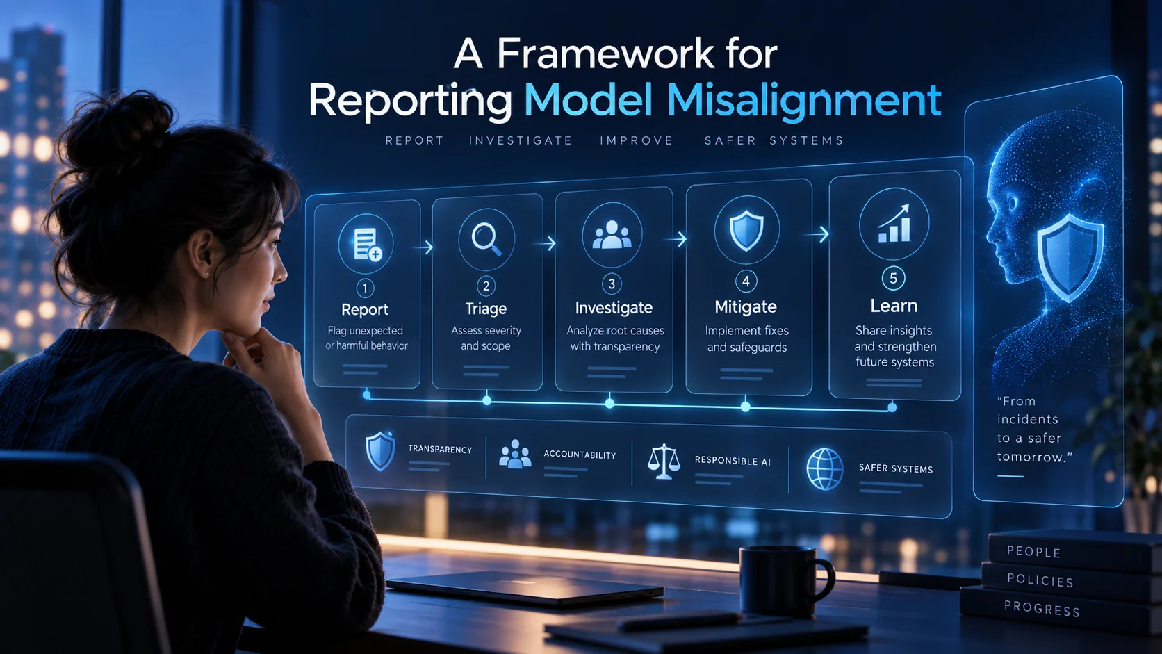 A five-step framework for reporting model misalignment: report, triage, investigate, mitigate, learn — built on transparency, accountability, responsible AI, and safer systems.