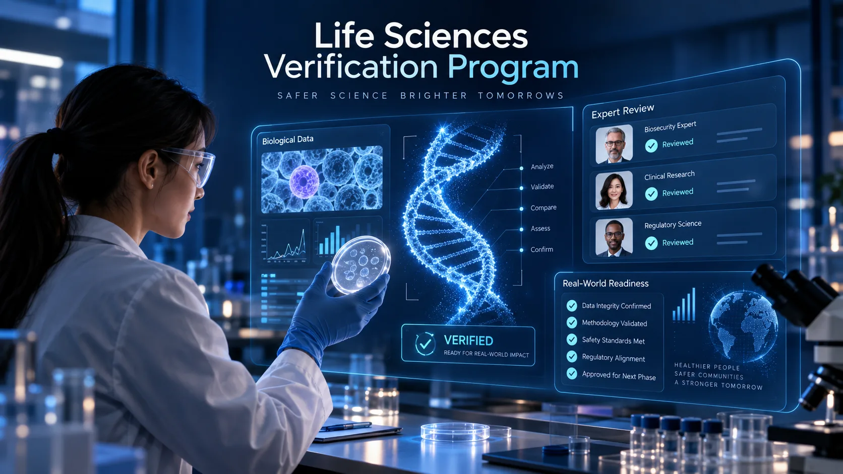 A researcher reviewing verified biological data and a DNA analysis pipeline, alongside expert reviewers and a real-world-readiness checklist for the Life Sciences Verification Program.