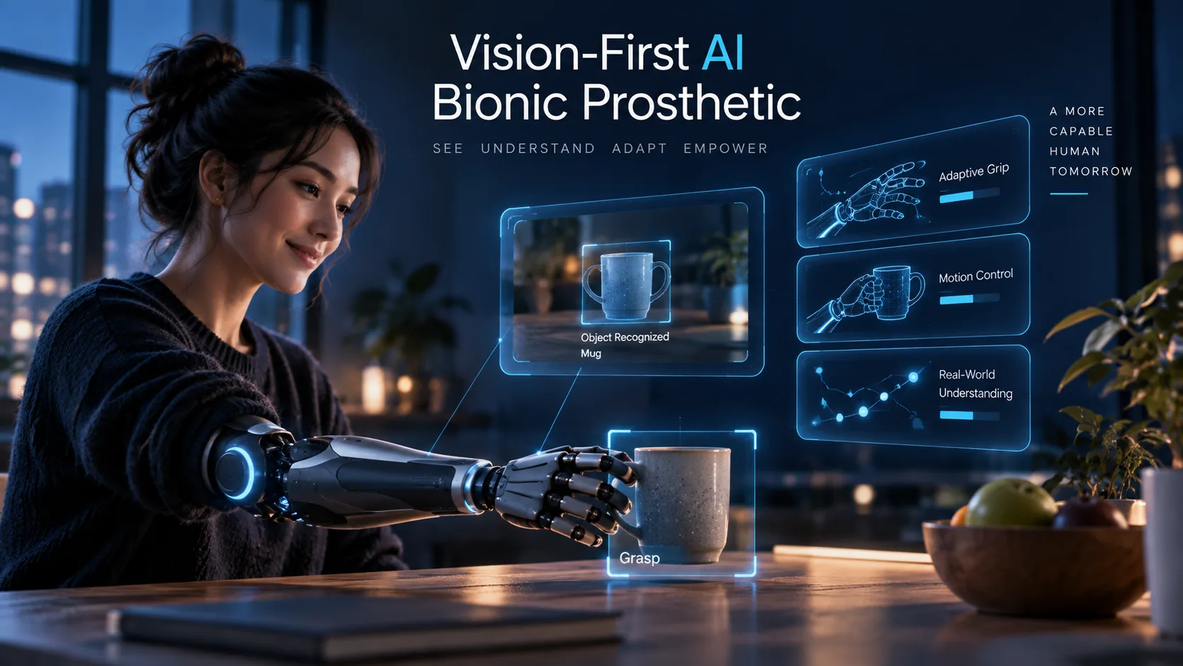 A person using a vision-guided bionic prosthetic arm that recognizes a mug and selects an adaptive grip, with status panels for adaptive grip, motion control and real-world understanding.