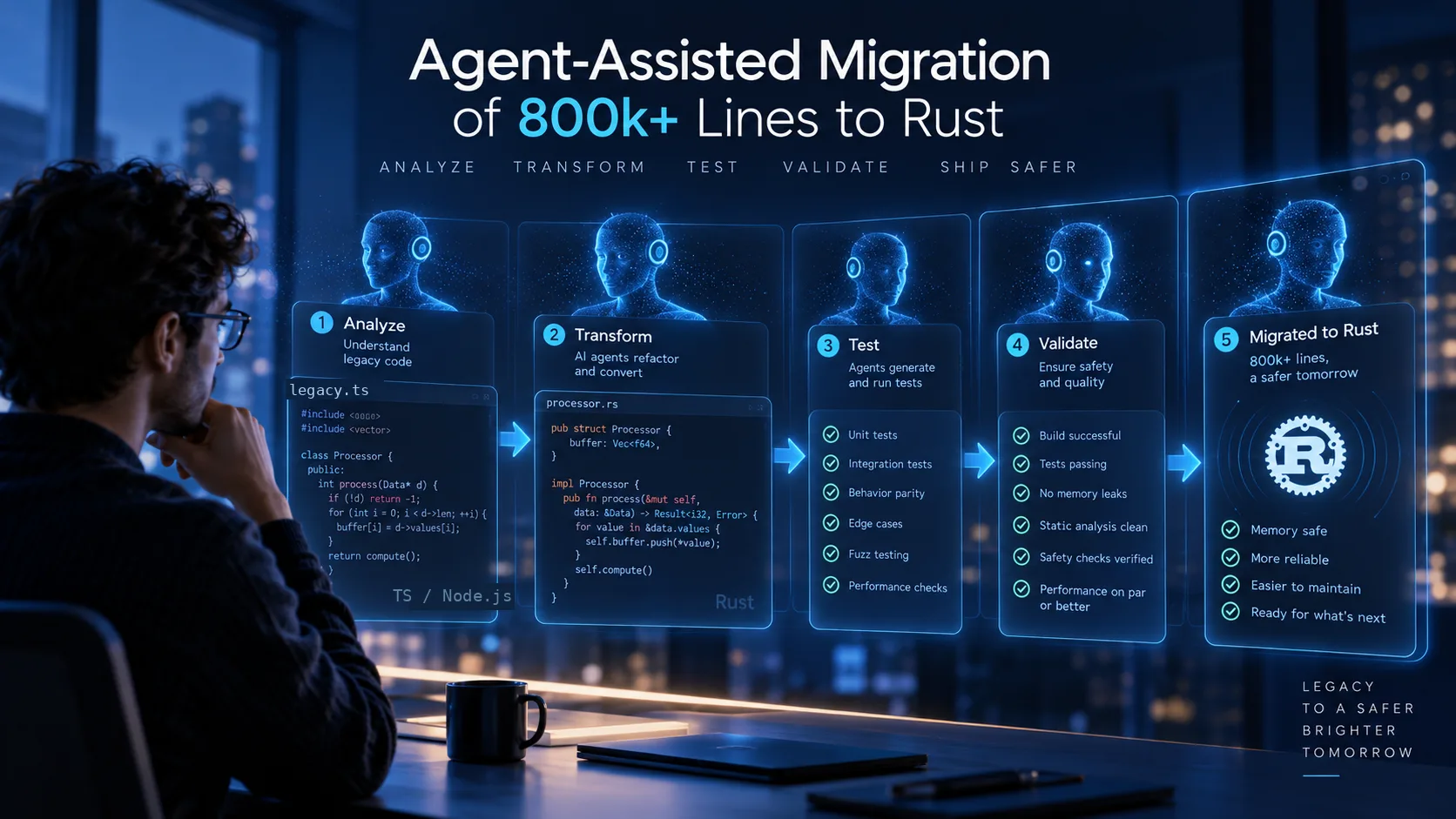 An engineer reviewing a five-stage agent-assisted migration of legacy.ts to Rust: analyze, transform, test, validate, and ship, ending in an 800,000-line Rust runtime.