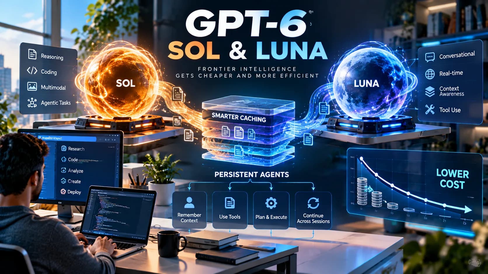 GPT-6 Sol and Luna shown as two model cores feeding a shared caching layer, with persistent-agent capabilities (remember context, use tools, plan and execute, continue across sessions) and a lower-cost curve.