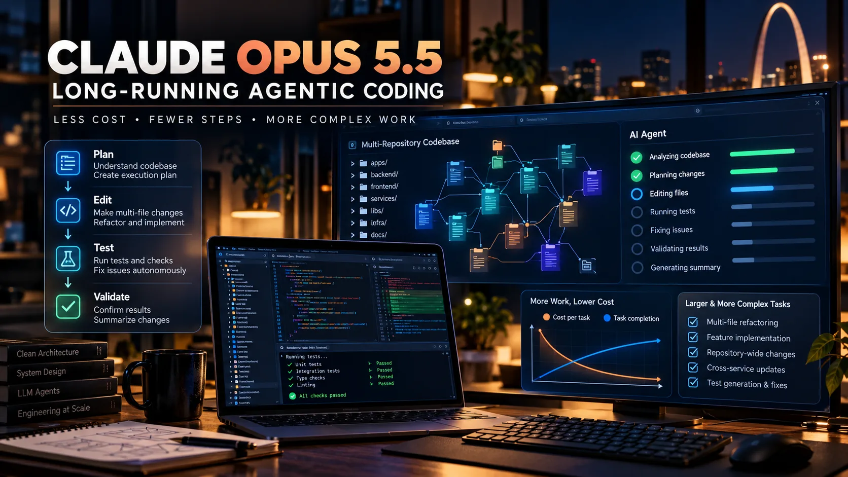 Claude Opus 5.5 shown planning, editing, testing and validating changes across a multi-repository codebase, with an AI agent progress panel and a chart showing rising task completion against falling cost per task.