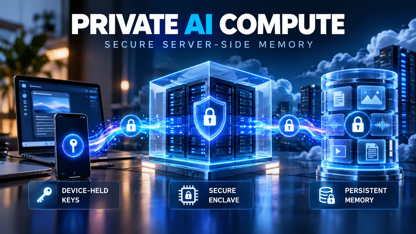 A phone holding a device key connects over an encrypted channel to a secure-enclave server, which writes to encrypted per-user memory blocks for documents, images and audio, labeled device-held keys, secure enclave and persistent memory.