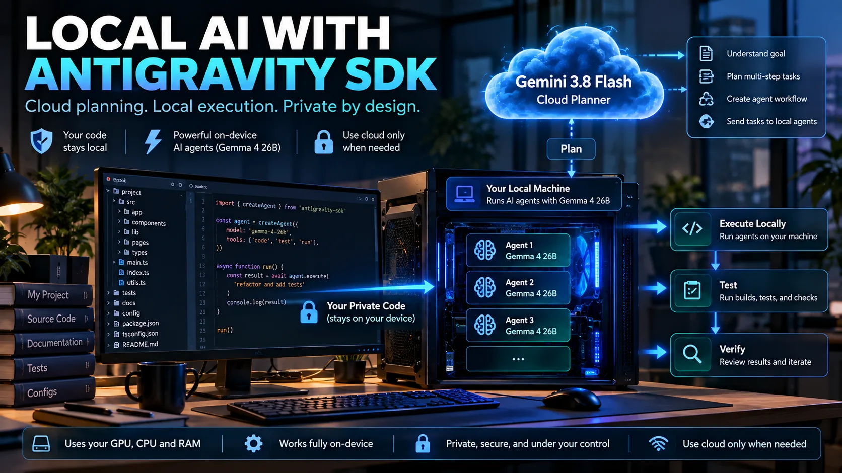 Gemini 3.8 Flash as a cloud planner sending task instructions to a local machine running three Gemma 4 26B agents on private code that stays on-device, with execute, test and verify stages on the right.