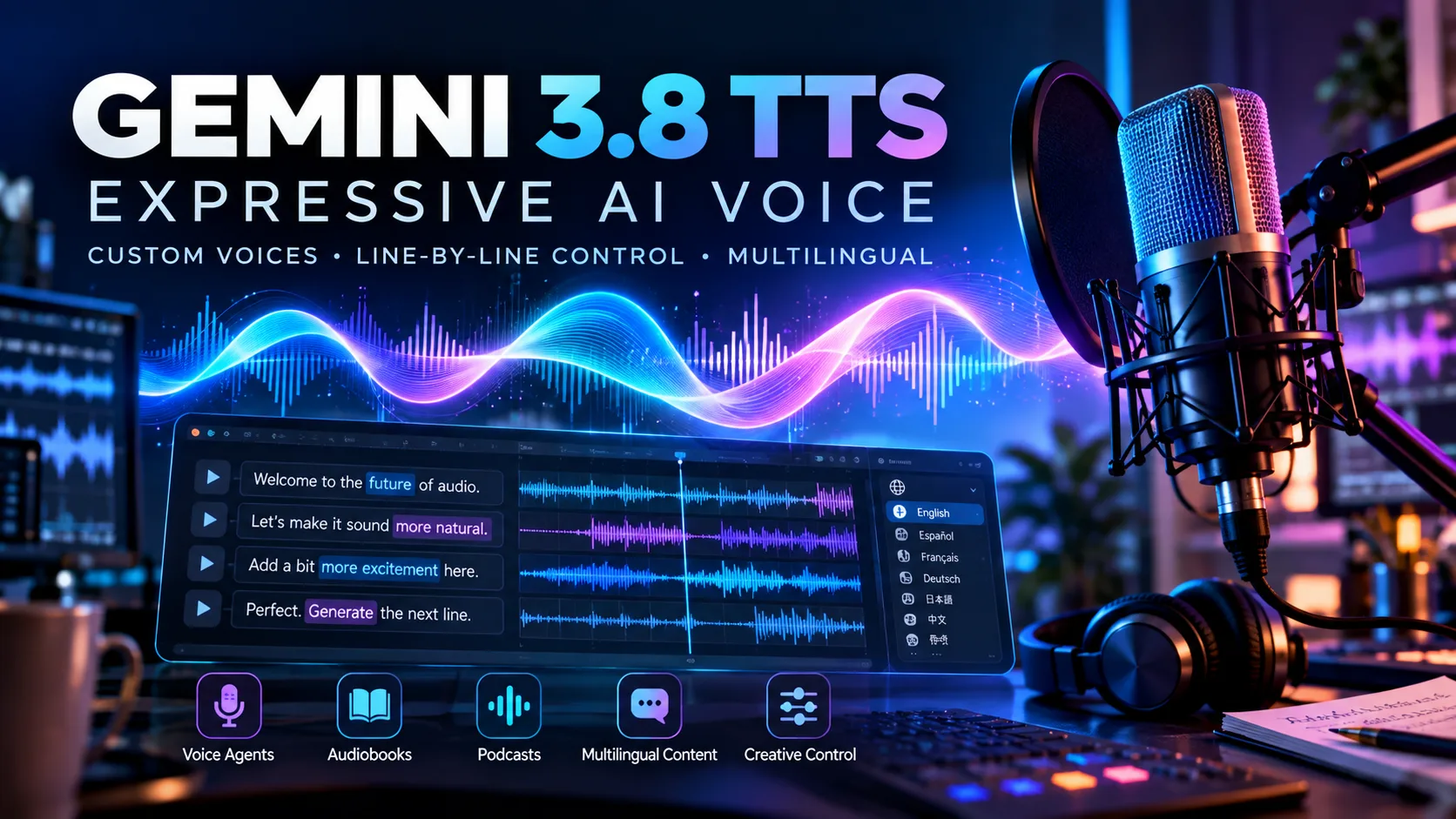 A recording studio microphone beside a waveform editor showing line-by-line voice direction with editable delivery notes and a language picker listing English, Spanish, French, German, Japanese, Chinese and Korean.