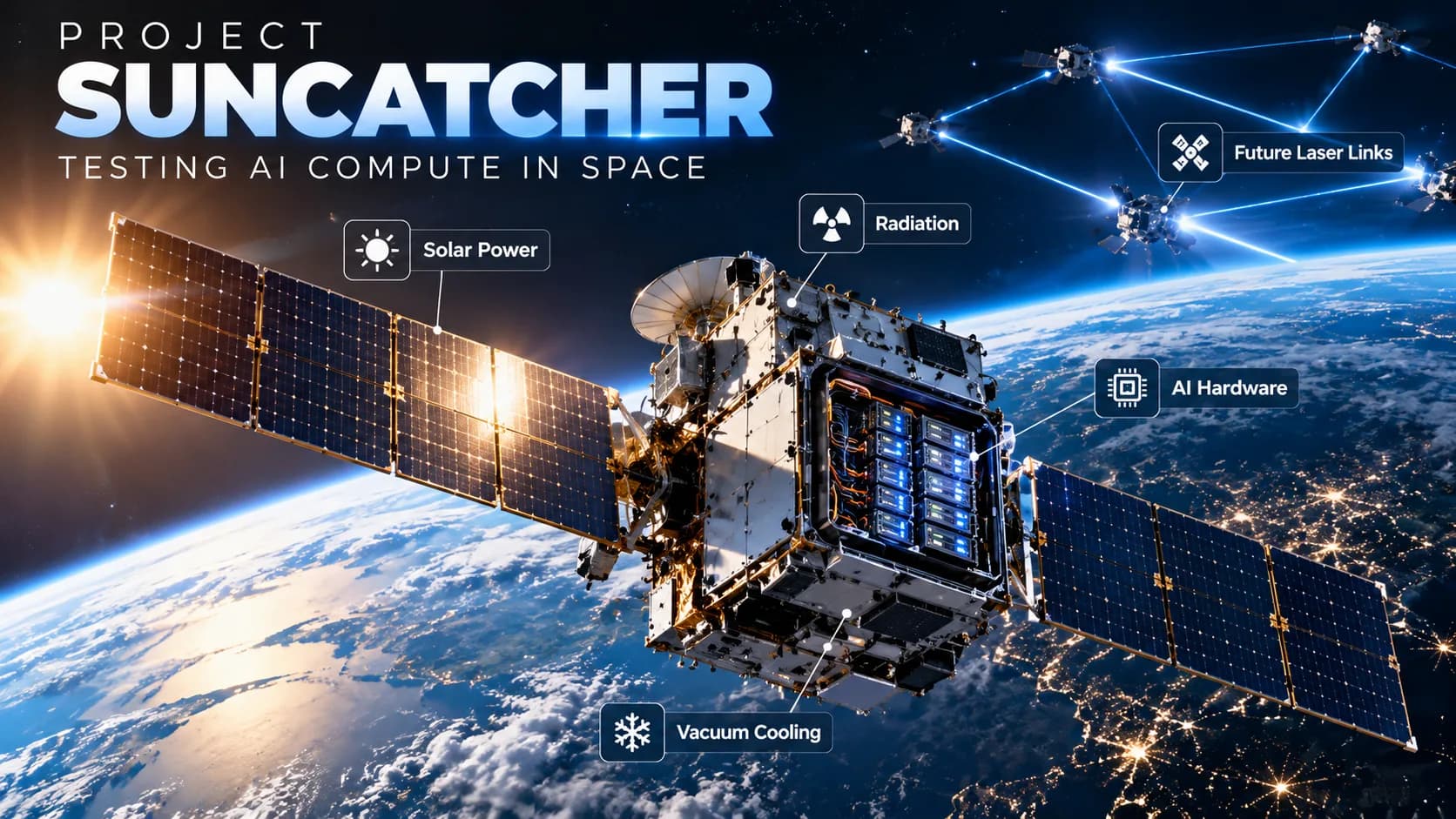 A prototype satellite in orbit above Earth with labeled callouts for solar power, radiation, AI hardware and vacuum cooling, alongside a cluster of satellites connected by future laser links.