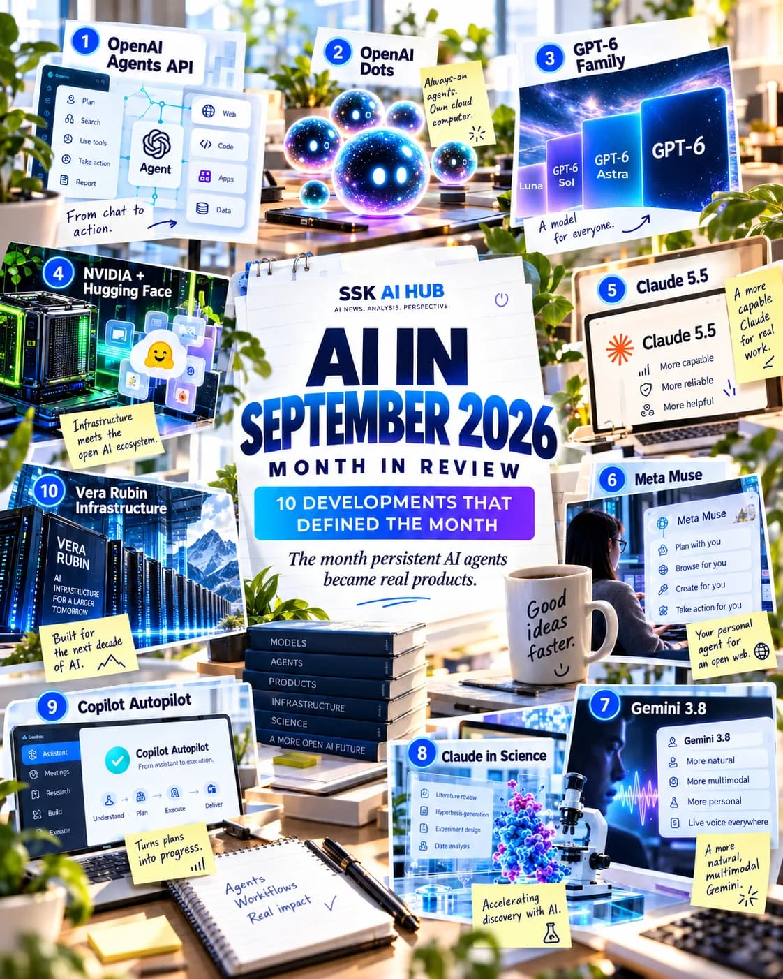 A one-page visual capsule of September 2026 with ten numbered cards and handwritten notes — OpenAI Agents API, OpenAI Dots ('always-on agents, own cloud computer'), the GPT-6 family (Luna, Sol, Astra), NVIDIA and Hugging Face, Claude 5.5, Meta Muse, Gemini 3.8, Claude in science, Copilot Autopilot and Vera Rubin infrastructure — around the headline 'The month persistent AI agents became real products'.