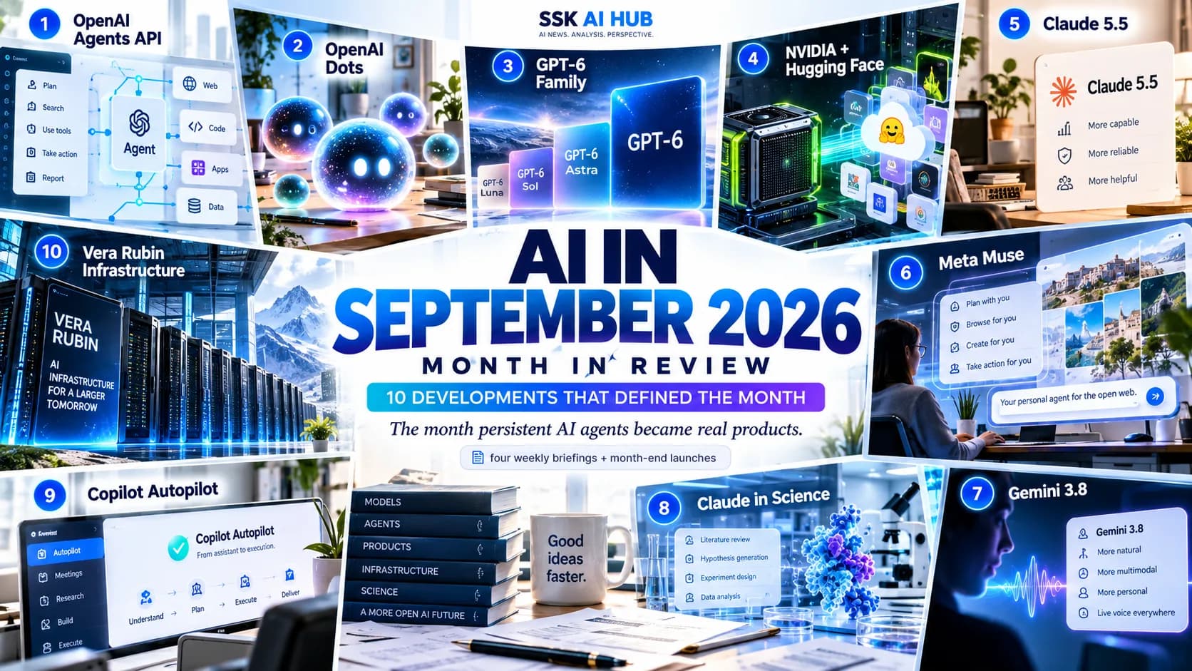 Month-in-review cover reading 'AI in September 2026 — Month in Review: 10 developments that defined the month. The month persistent AI agents became real products', surrounded by numbered scenes for the OpenAI Agents API, OpenAI Dots, the GPT-6 family (Luna, Sol, Astra), NVIDIA and Hugging Face, Claude 5.5, Meta Muse, Gemini 3.8, Claude in science, Copilot Autopilot and Vera Rubin infrastructure.