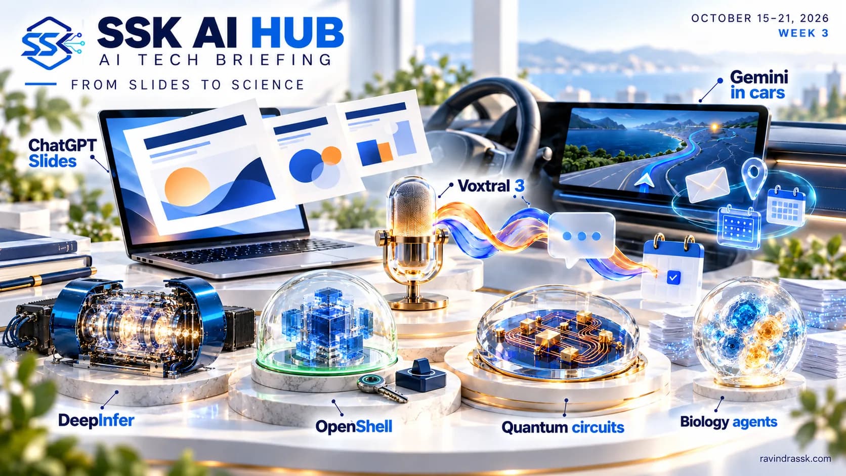 SSK AI Hub October 15–21, 2026 briefing cover with a free-form collage of seven AI story scenes.