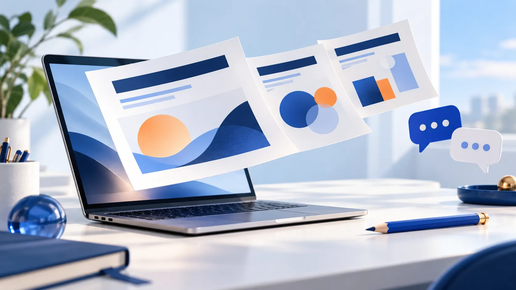 Conceptual illustration of a laptop with editable presentation sheets, a pencil and collaboration bubbles.