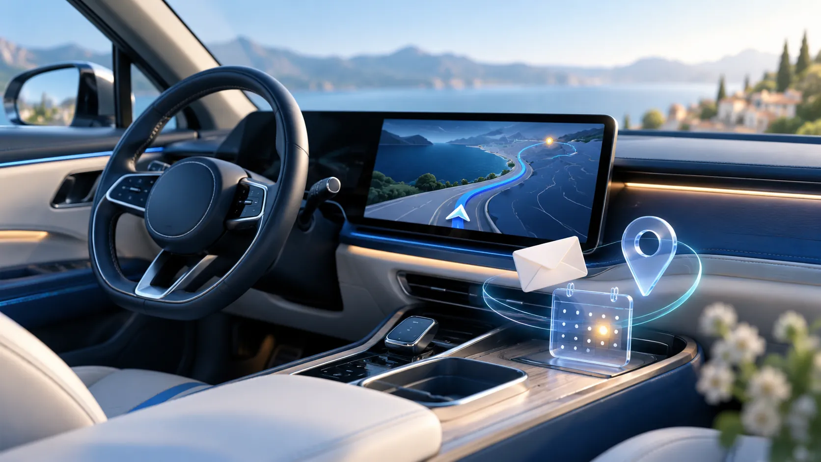 Conceptual parked-car interior with a fictional navigation screen and floating calendar, envelope and map-pin objects.