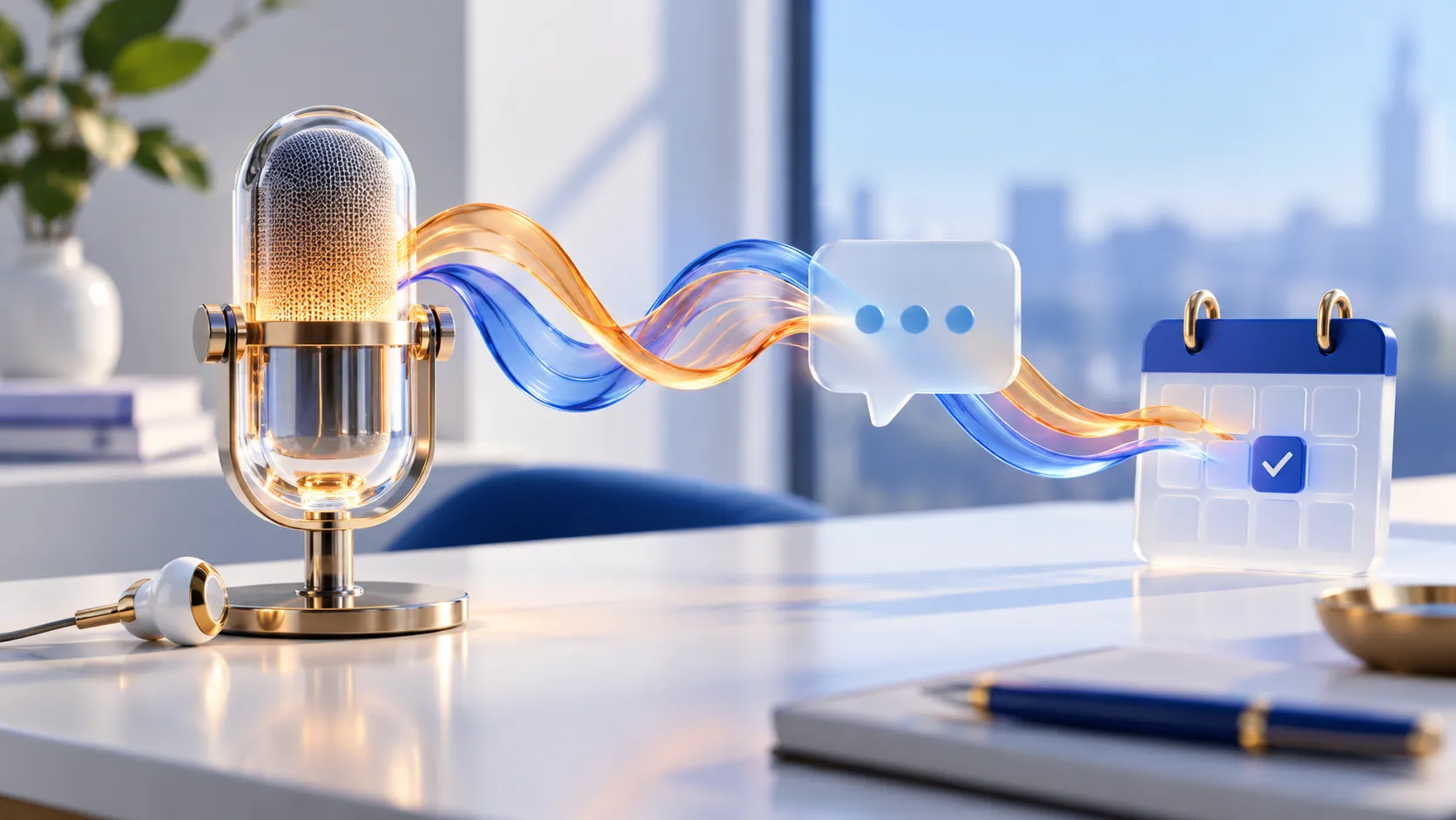 Conceptual glass microphone with orange and blue acoustic ribbons leading to a conversation bubble and appointment tile.