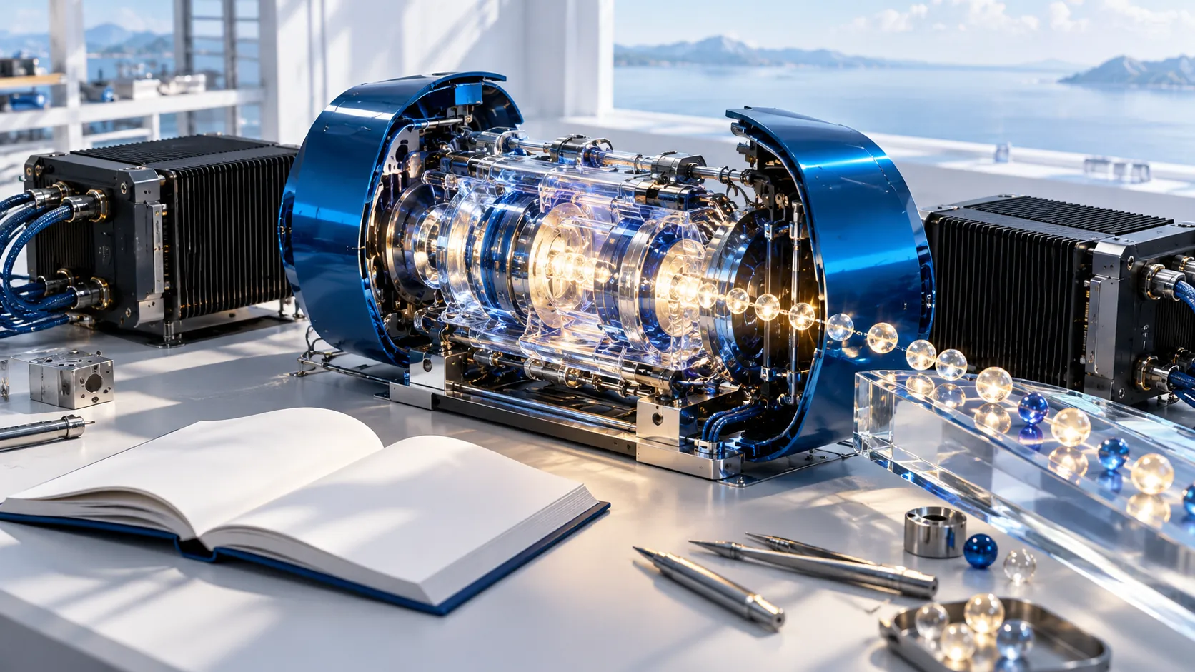 Conceptual open inference engine with blue compute modules and a transparent mechanical core on a white workbench.