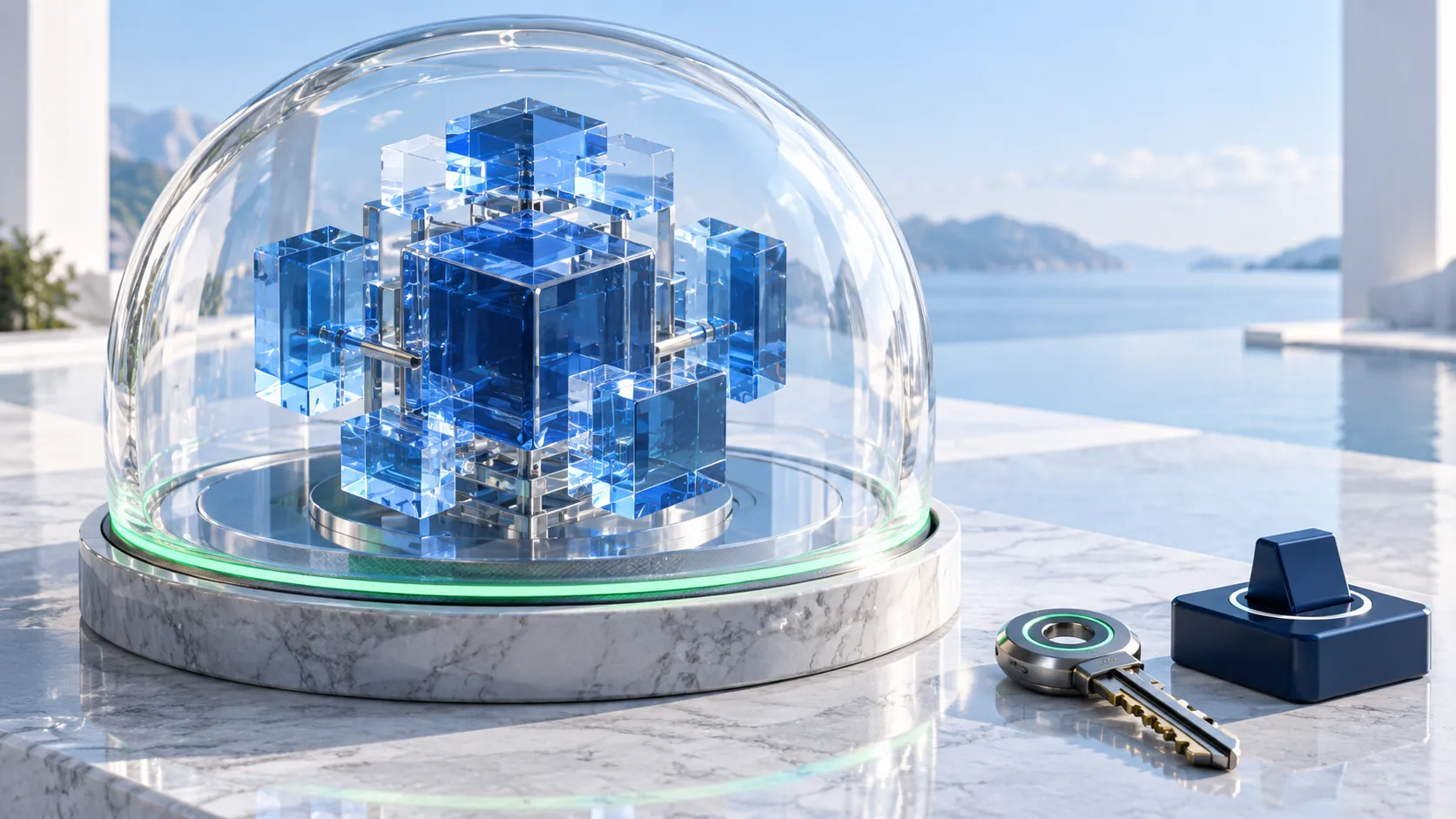Conceptual protected agent core inside a transparent containment shell, with an external permission key and control switch.