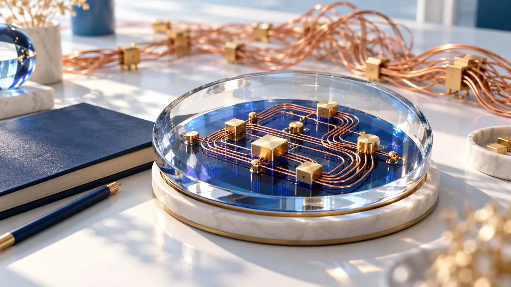 Conceptual copper and blue quantum-circuit components beside a notebook and a small evaluation lens.