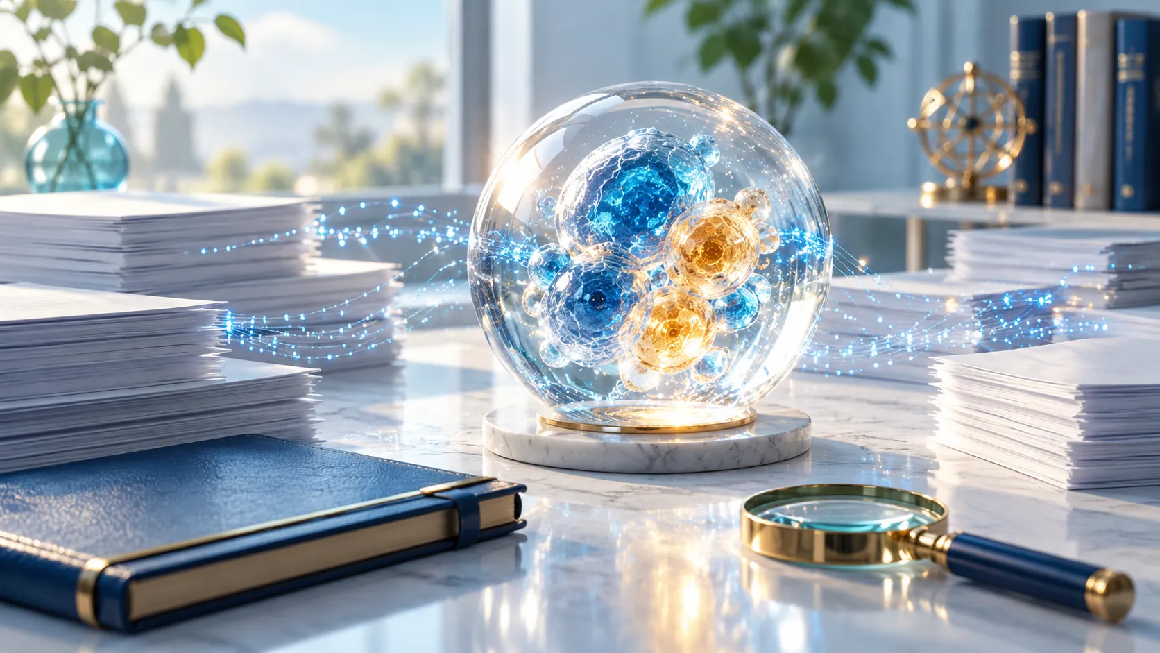 Conceptual laboratory-data scene with a glass cell cluster, tiny blue exploration lights, research papers and a notebook.