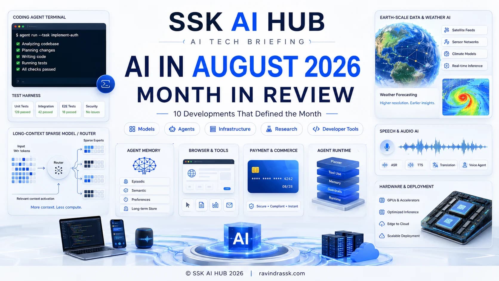 Month-in-review cover reading 'AI in August 2026 — Month in Review: 10 developments that defined the month', surrounded by small scenes for coding agents, sparse models, agent memory, browsers, payments, agent runtimes, Earth-scale weather AI, speech AI, and hardware.