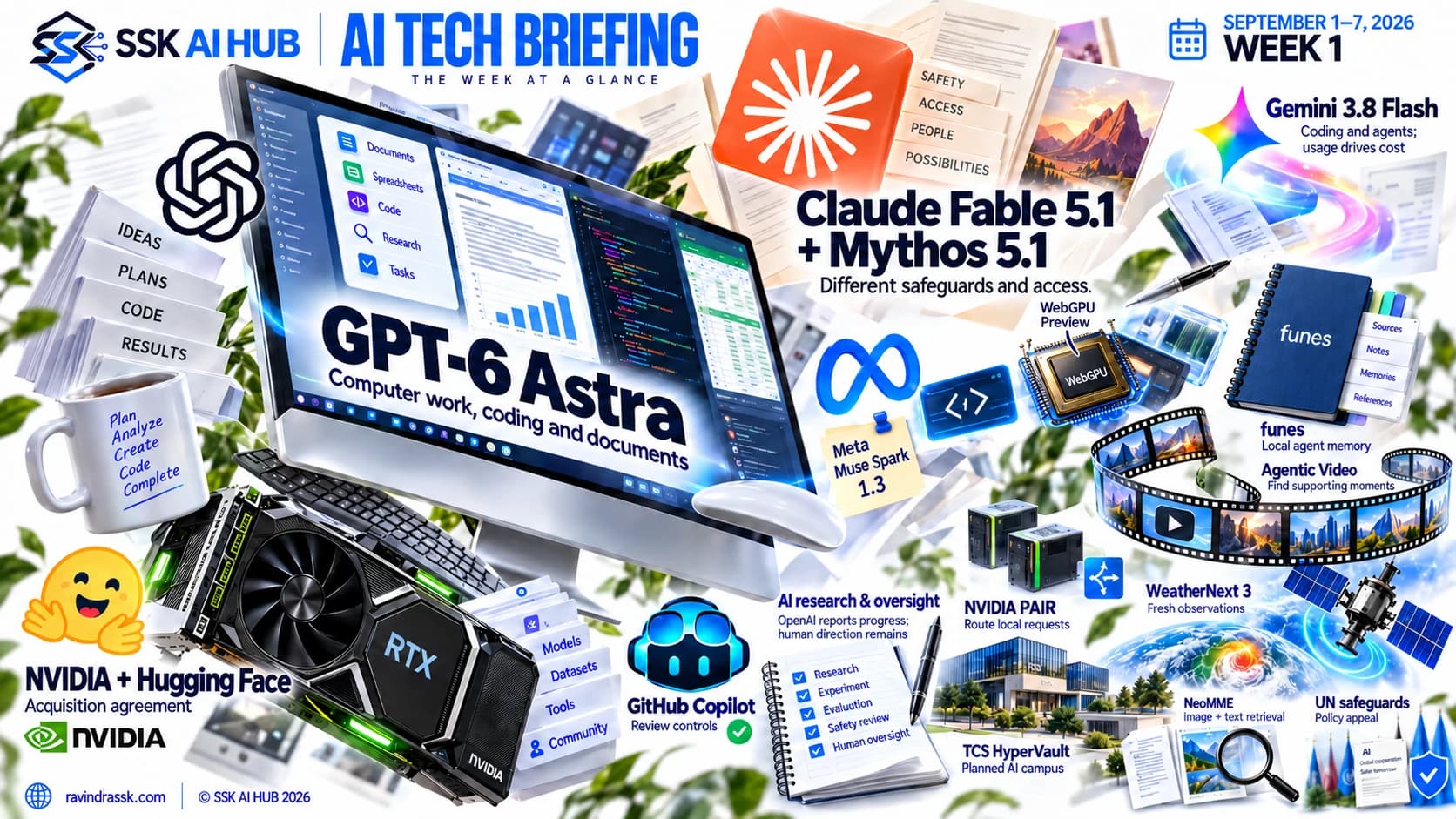 SSK AI Hub September 1–7, 2026 Week 1 cover — an 'AI Tech Briefing: the week at a glance' collage with the SSK monogram and previews of GPT-6 Astra, Claude Fable 5.1 and Mythos 5.1, Gemini 3.8 Flash, Meta Muse Spark 1.3, WebGPU, funes, agentic video, NVIDIA and Hugging Face, NVIDIA PAIR, GitHub Copilot, AI research and oversight, WeatherNext 3, TCS HyperVault, NeoMME and UN safeguards.