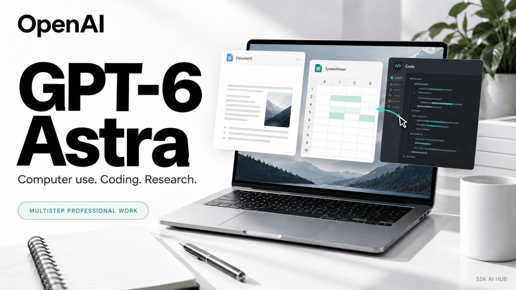 OpenAI GPT-6 Astra editorial artwork featuring computer use, coding, research and professional document workflows.