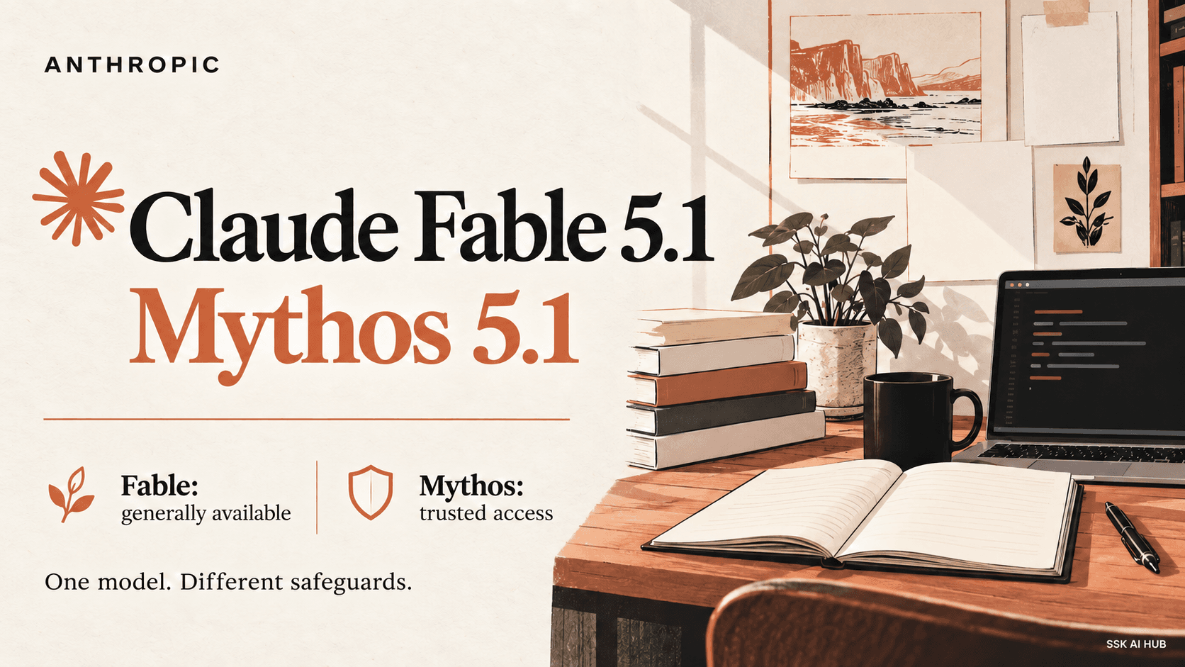 Anthropic Claude Fable 5.1 and Mythos 5.1 editorial artwork with warm paper styling, coding and research motifs, and clearly distinguished access labels.