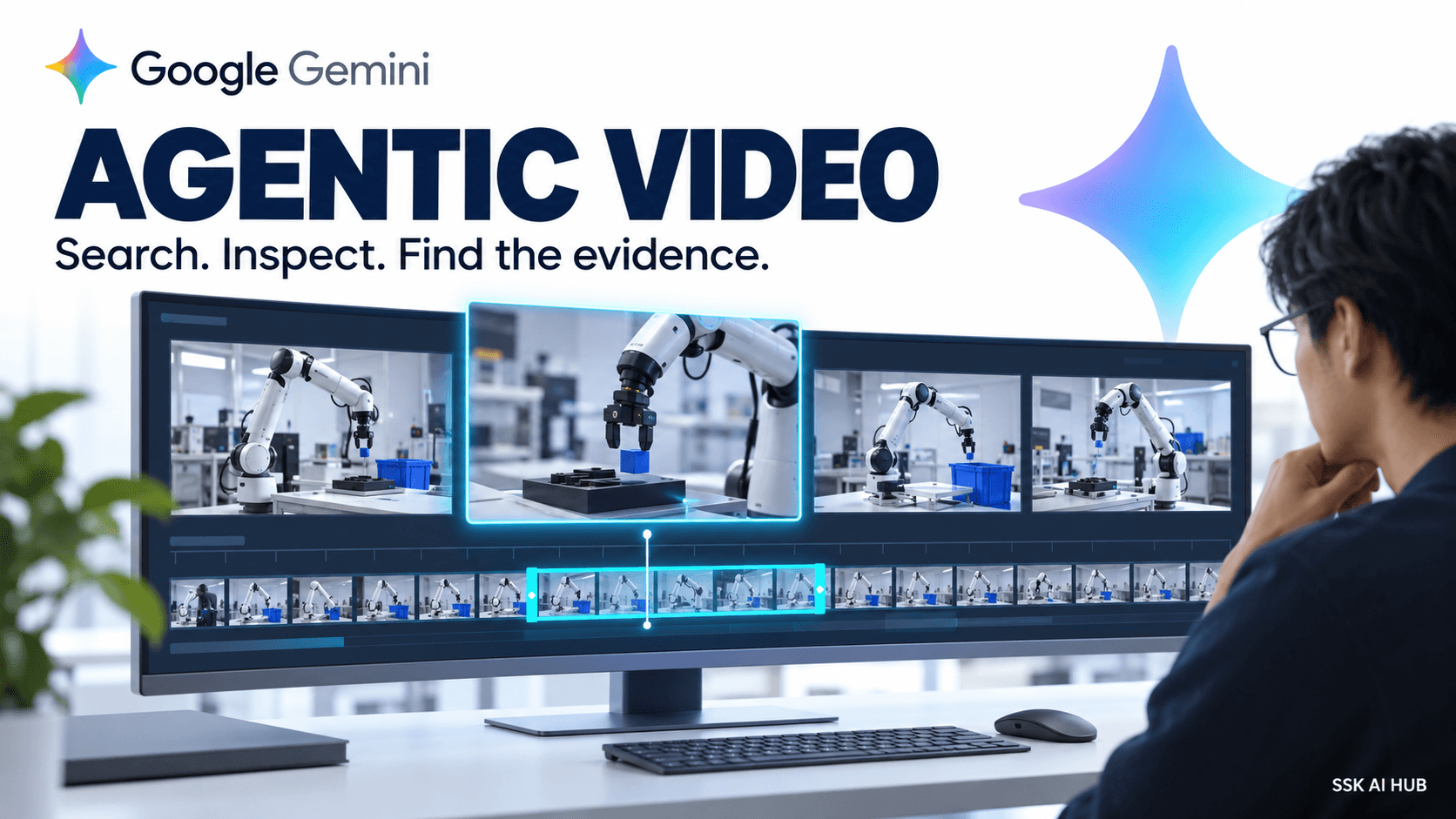 Gemini agentic video editorial artwork showing a video timeline, selected evidence frames and an enlarged relevant moment.