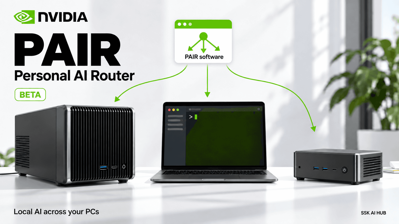 NVIDIA PAIR editorial artwork with clearly named Personal AI Router and separate requests distributed among local computers.