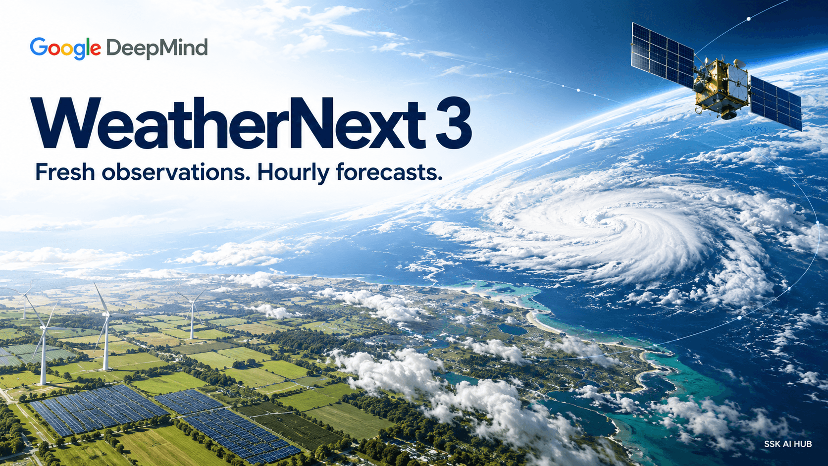 Google DeepMind WeatherNext 3 editorial artwork with satellite observations, atmospheric detail and weather-sensitive landscapes.