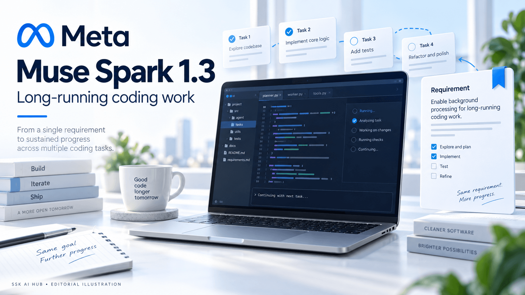 Meta Muse Spark 1.3 editorial illustration with a coding laptop, task cards and a pinned requirement.