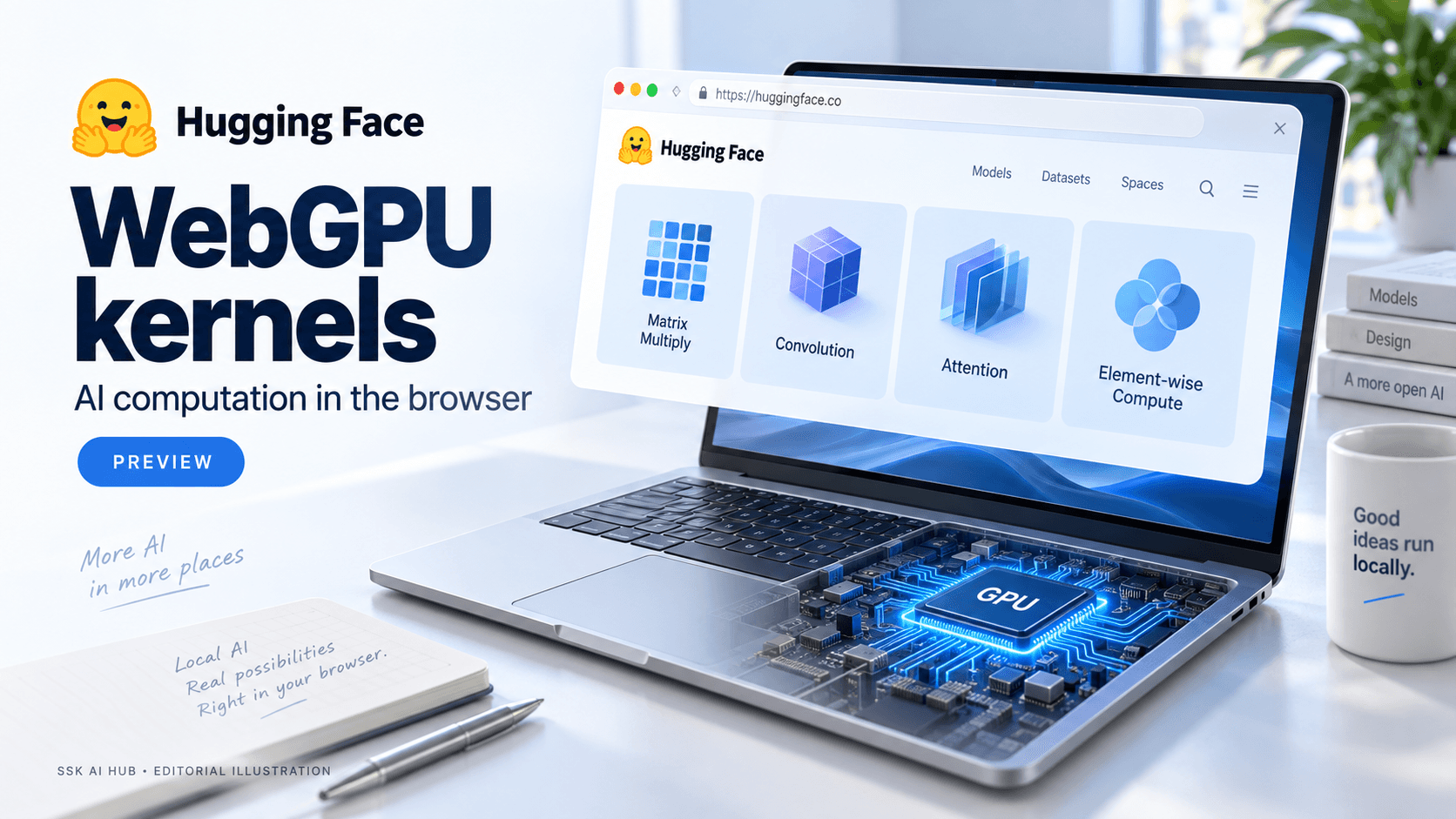 Hugging Face WebGPU kernels editorial illustration showing browser computation and a GPU inside a laptop.