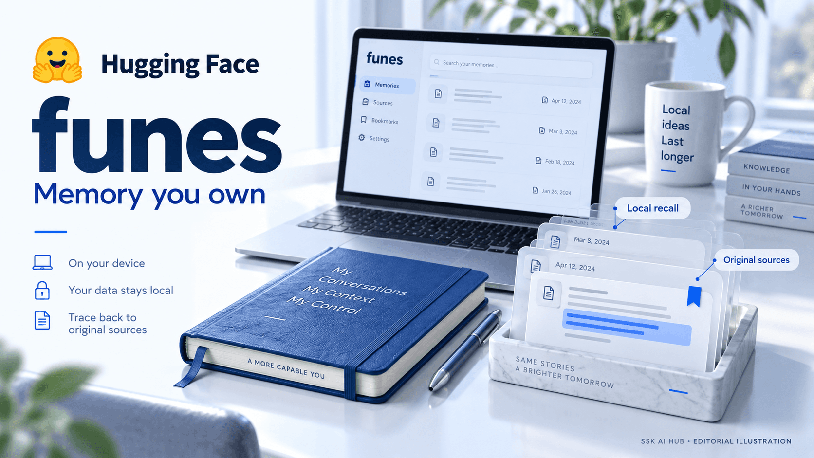 Hugging Face funes editorial illustration with a local notebook and retrievable conversation passages.