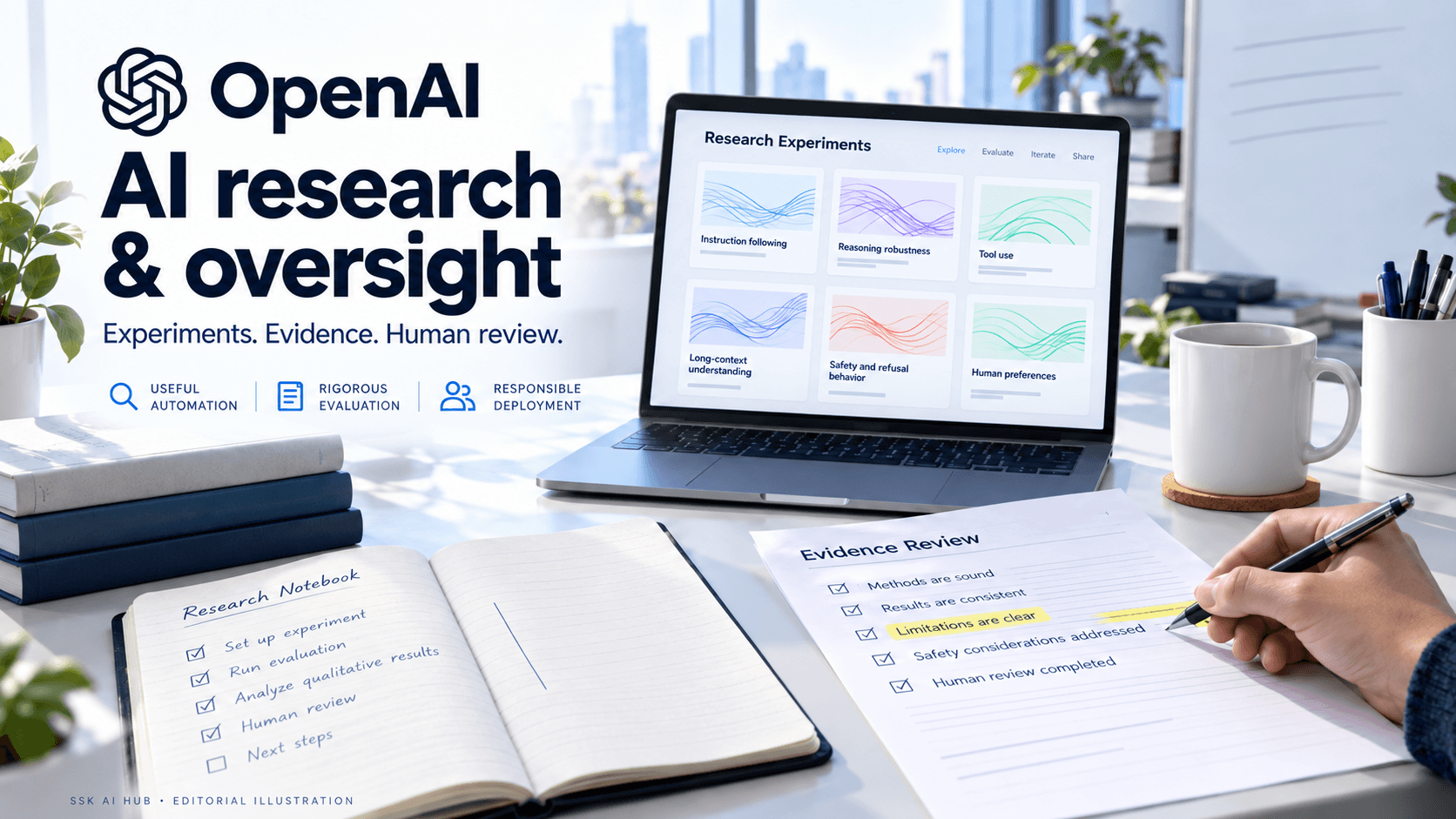 OpenAI editorial illustration showing research experiments, an evidence sheet and human review.