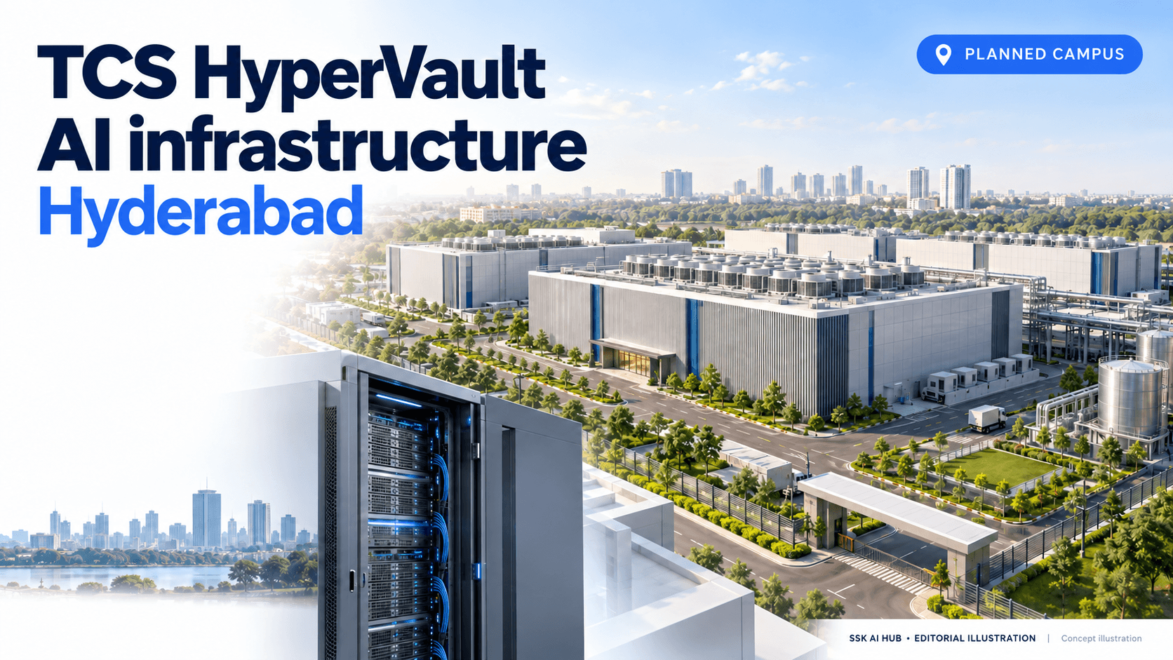 Concept illustration of the planned TCS HyperVault AI data-center campus in Hyderabad, clearly labeled planned campus.