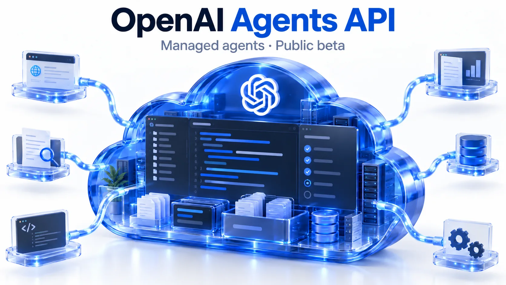 Conceptual OpenAI Agents API workstation connected to a managed cloud runtime.