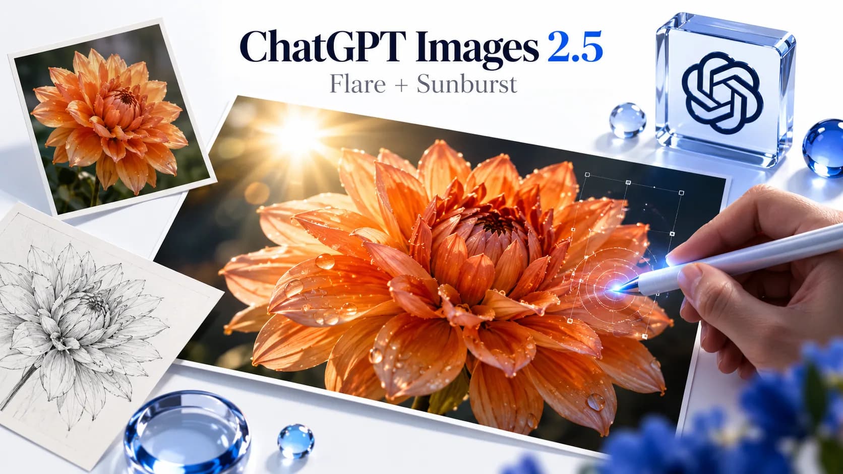 ChatGPT Images 2.5 editorial concept showing a flower illustration being precisely edited with a reference image.